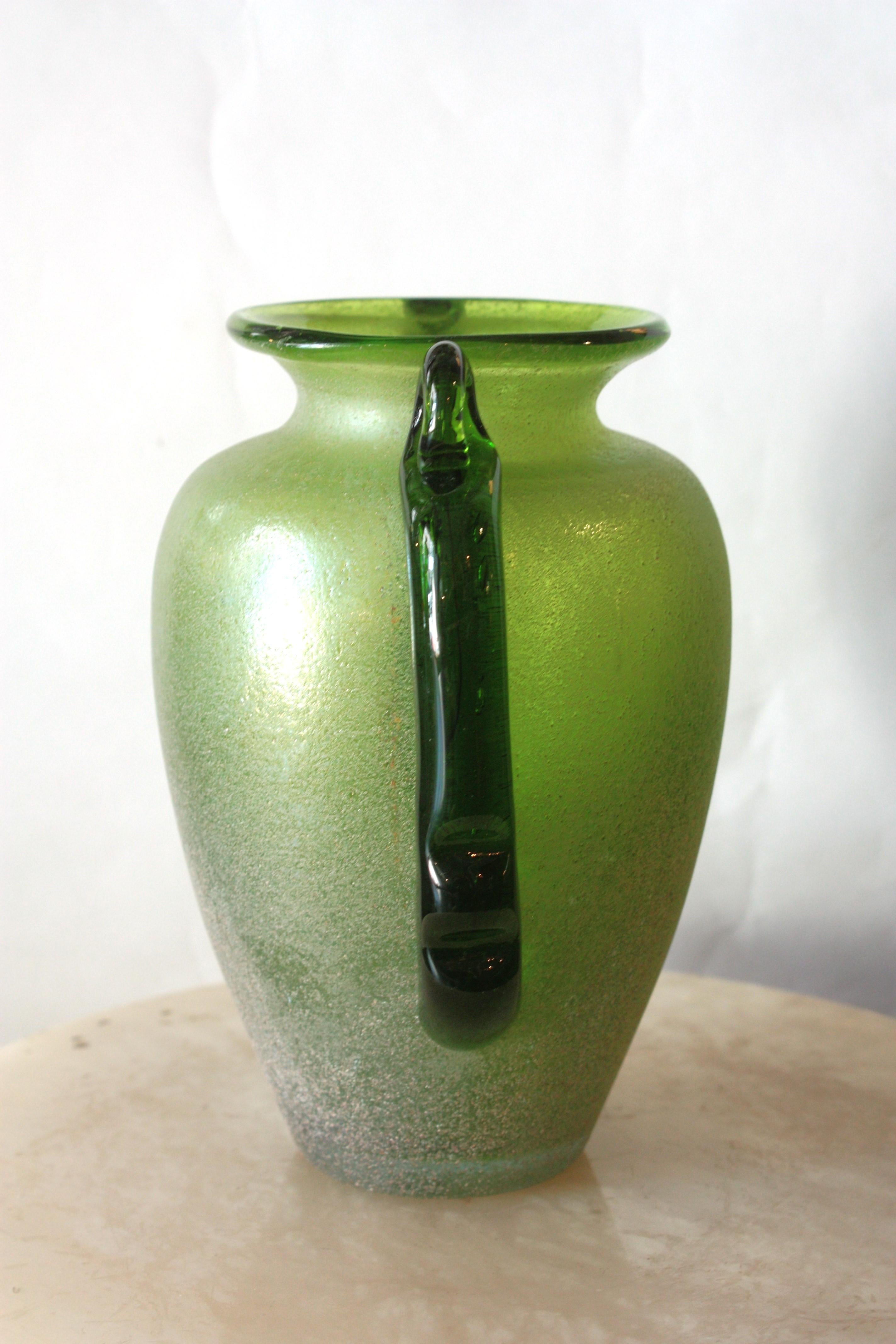 Hand-Carved Italian Venetian Carlo Moretti Green Murano Scavo Art Glass Vase, 1960s For Sale