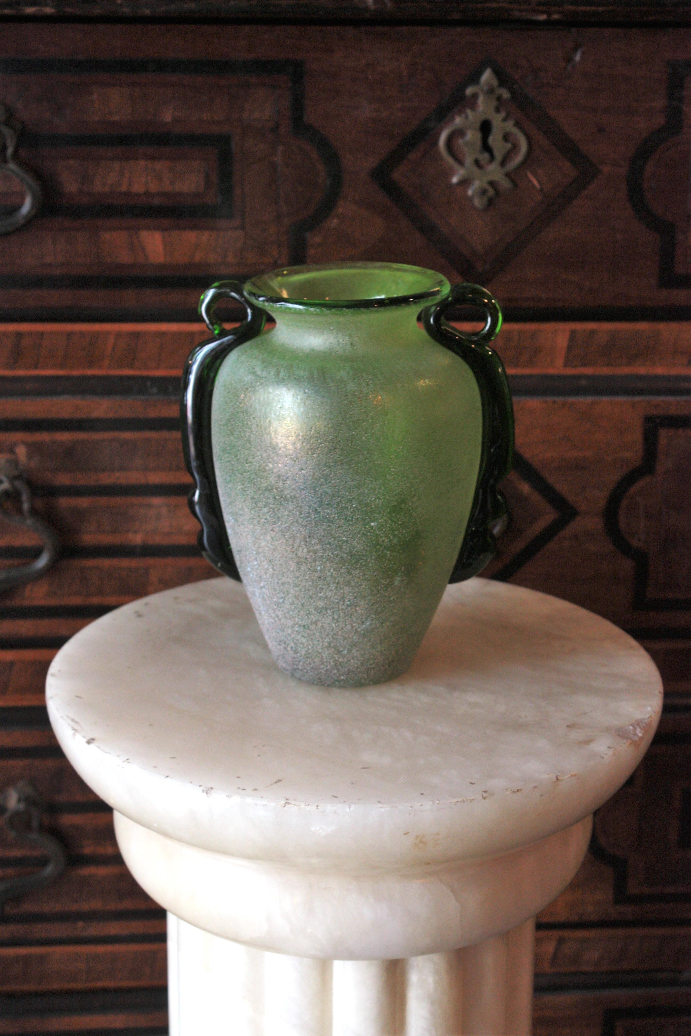 20th Century Italian Venetian Carlo Moretti Green Murano Scavo Art Glass Vase, 1960s For Sale