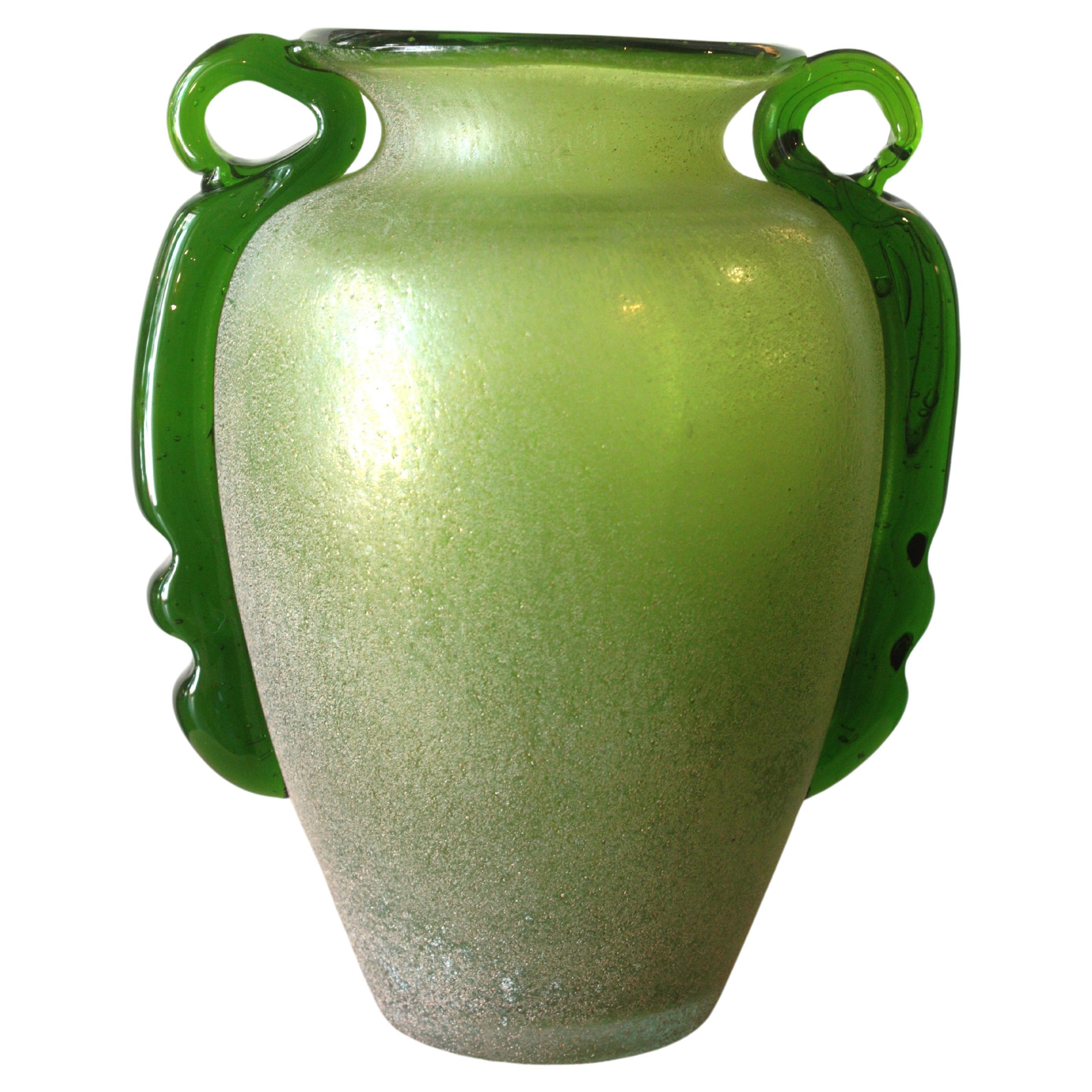 Italian Venetian Carlo Moretti Green Murano Scavo Art Glass Vase, 1960s For Sale