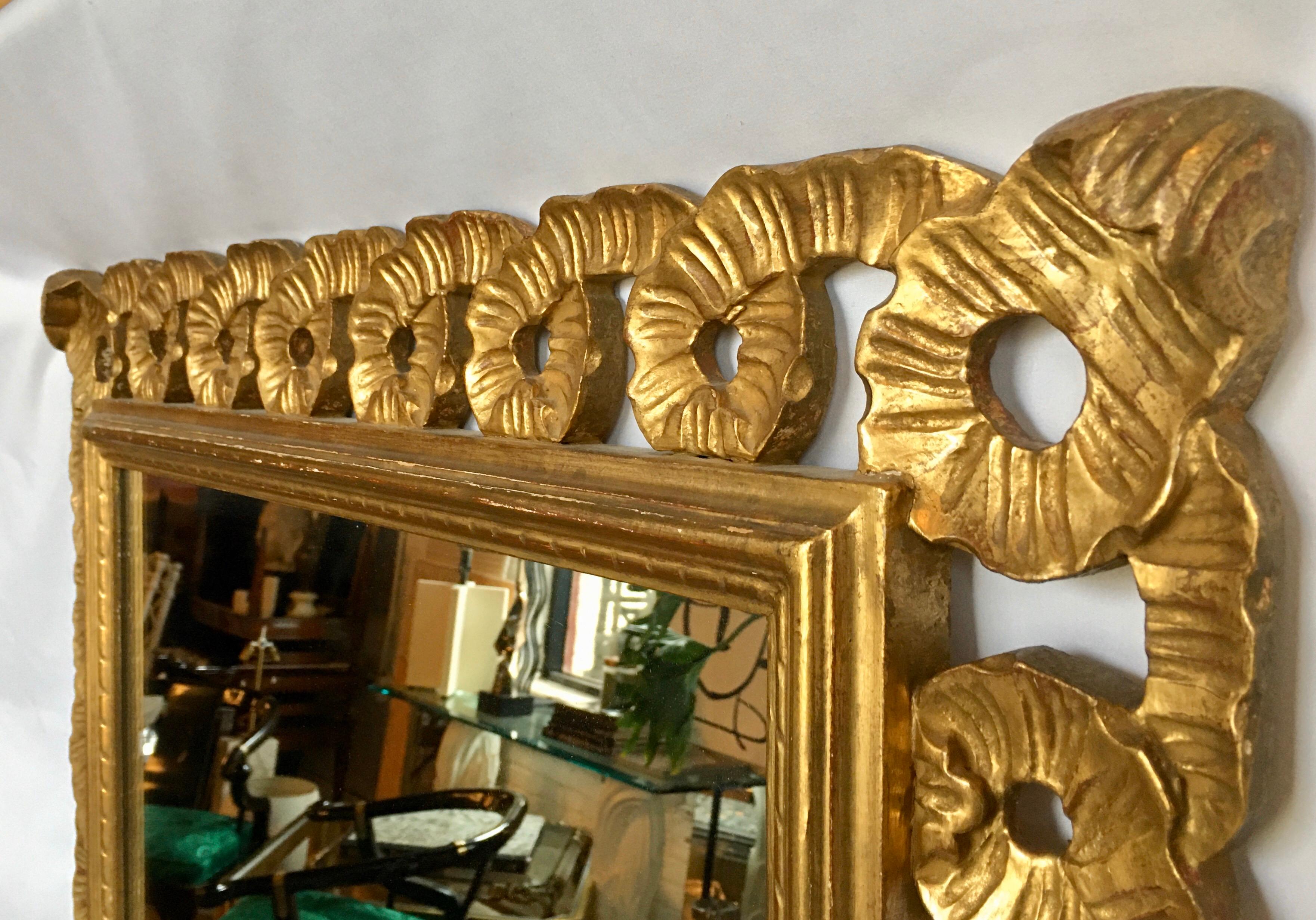 Baroque Italian Venetian Carved Gesso Giltwood Scalloped Ribbon Loop Wall Mirror