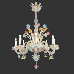 Italian Venetian Chandelier 1950s Clear & Colored Murano Glass Eight-Light