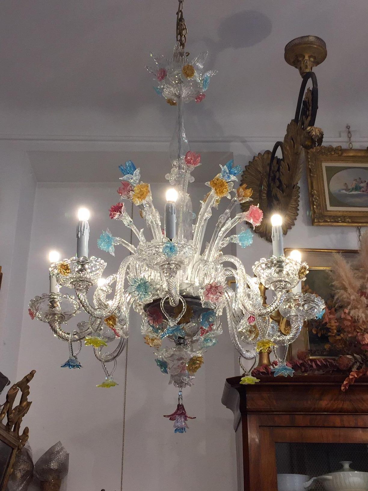 Fired Italian Venetian Chandelier 1950s Clear & Colored Murano Glass Eight-Light 