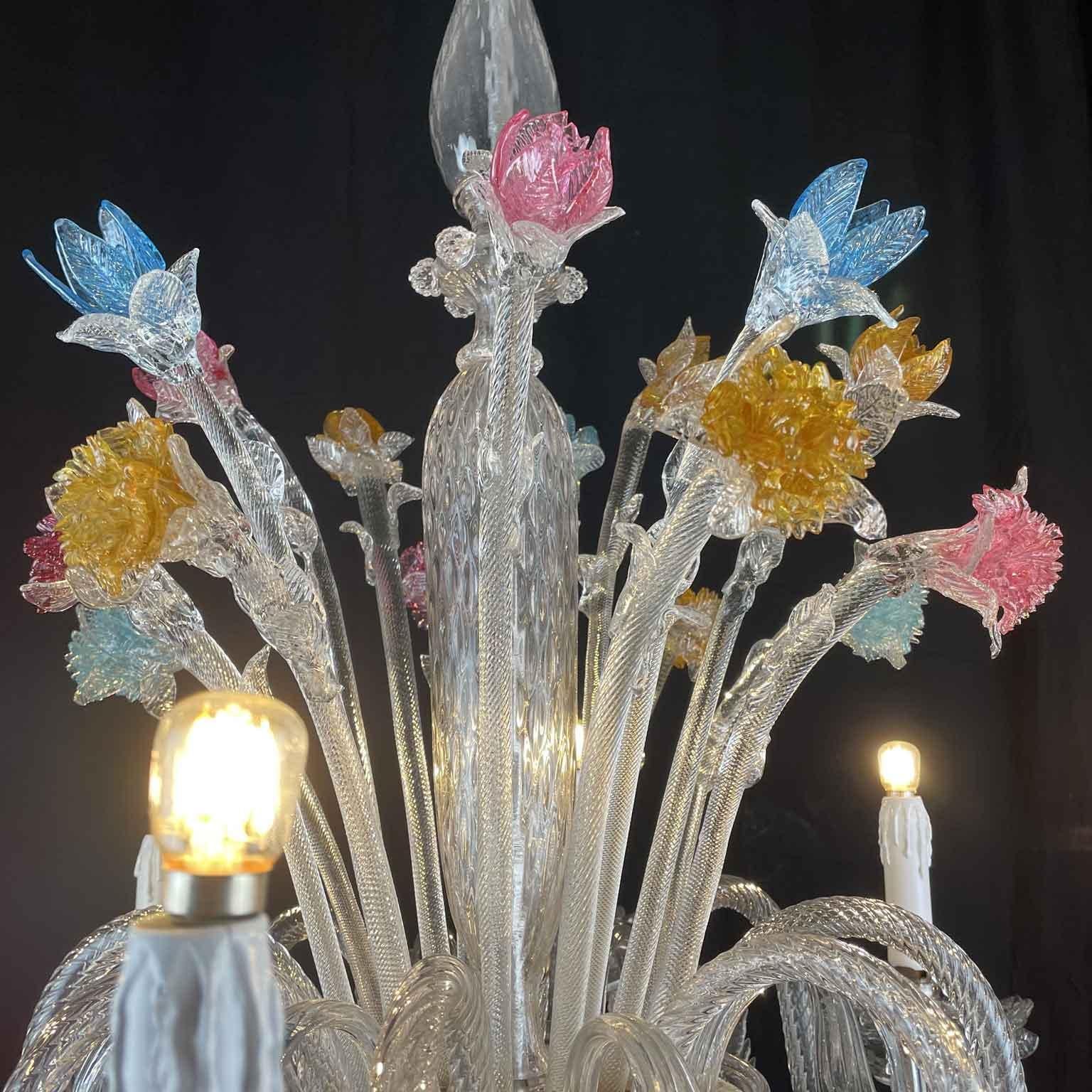 Blown Glass Italian Venetian Chandelier 1950s Clear & Colored Murano Glass Eight-Light 