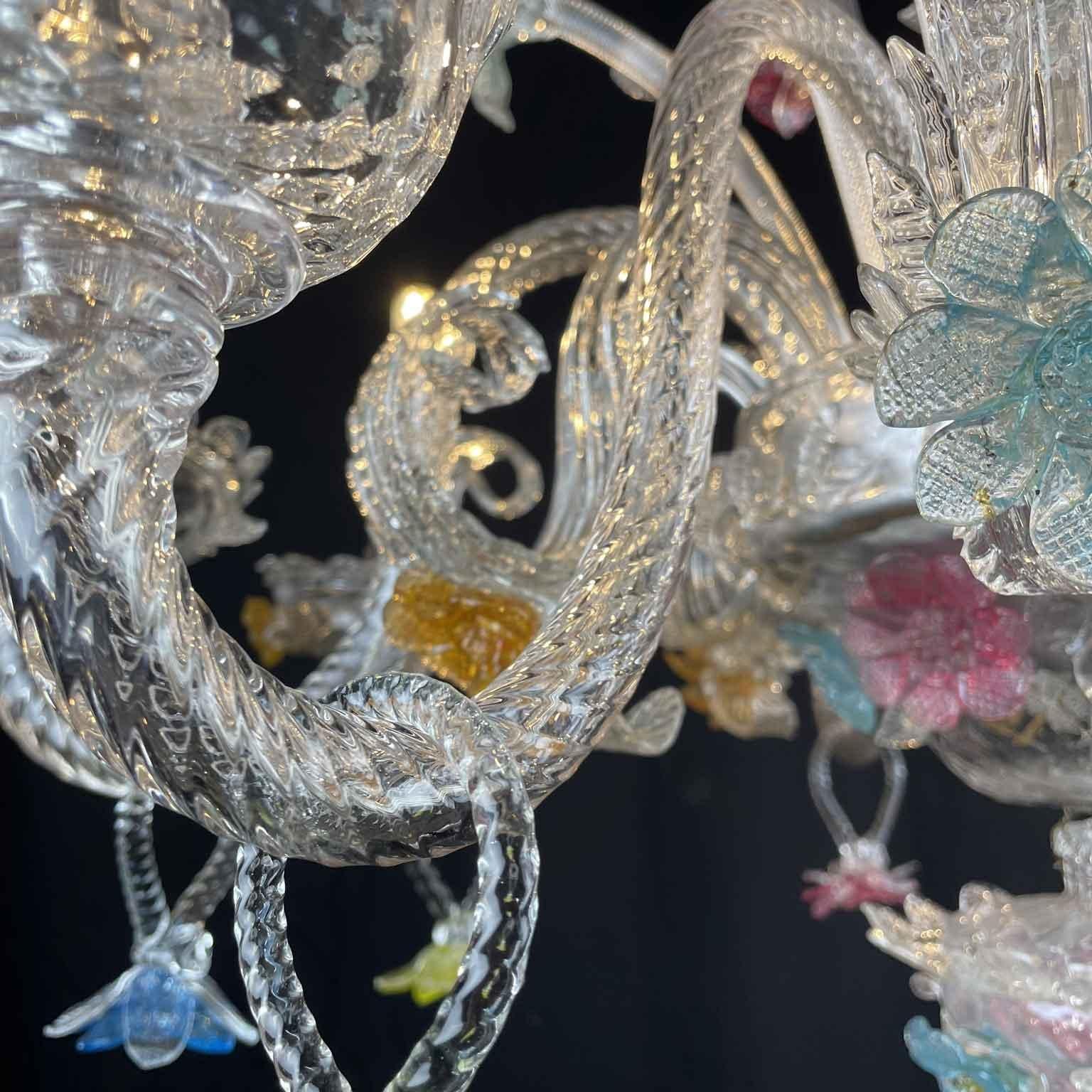 Italian Venetian Chandelier 1950s Clear & Colored Murano Glass Eight-Light 1