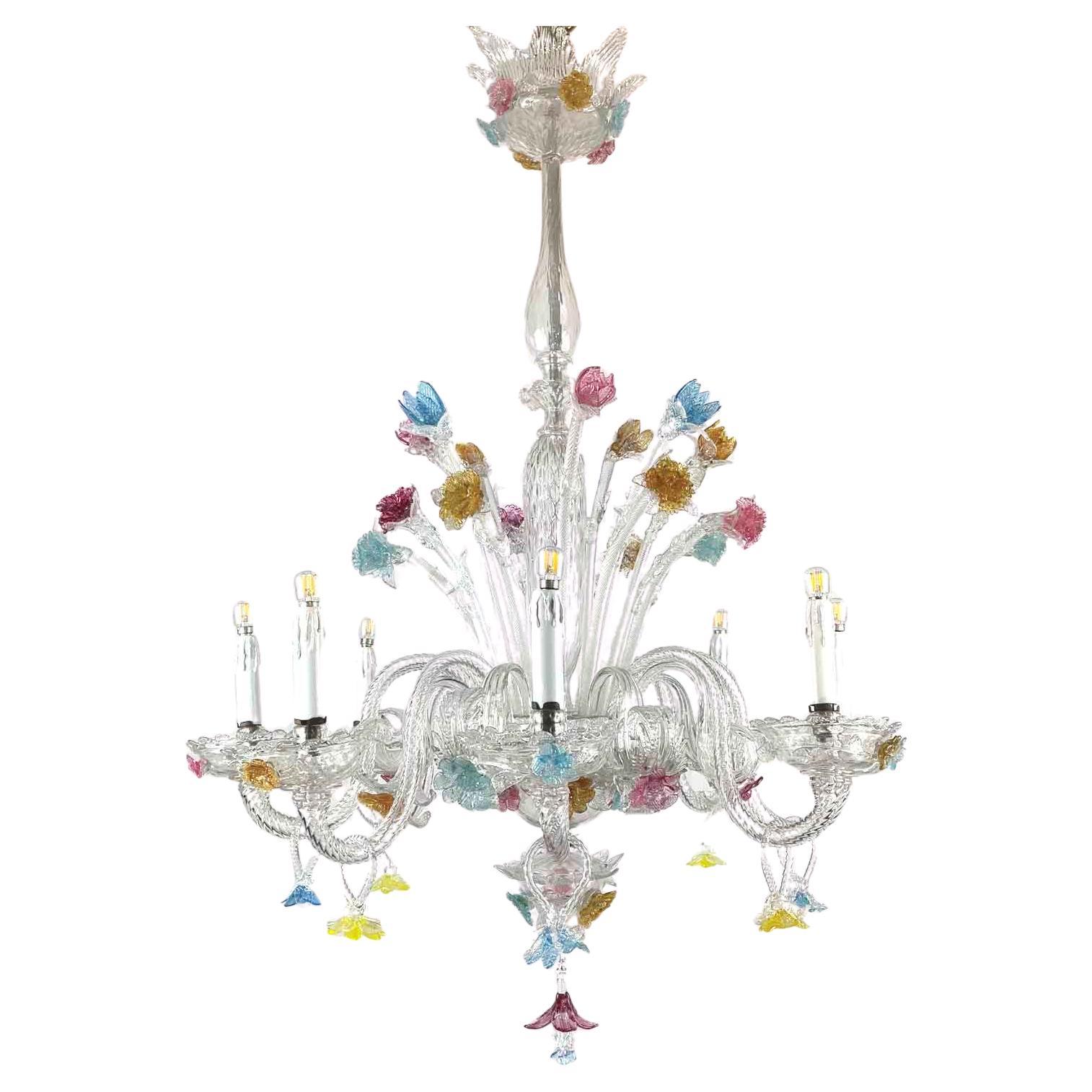 Italian Venetian Chandelier 1950s Clear & Colored Murano Glass Eight-Light 