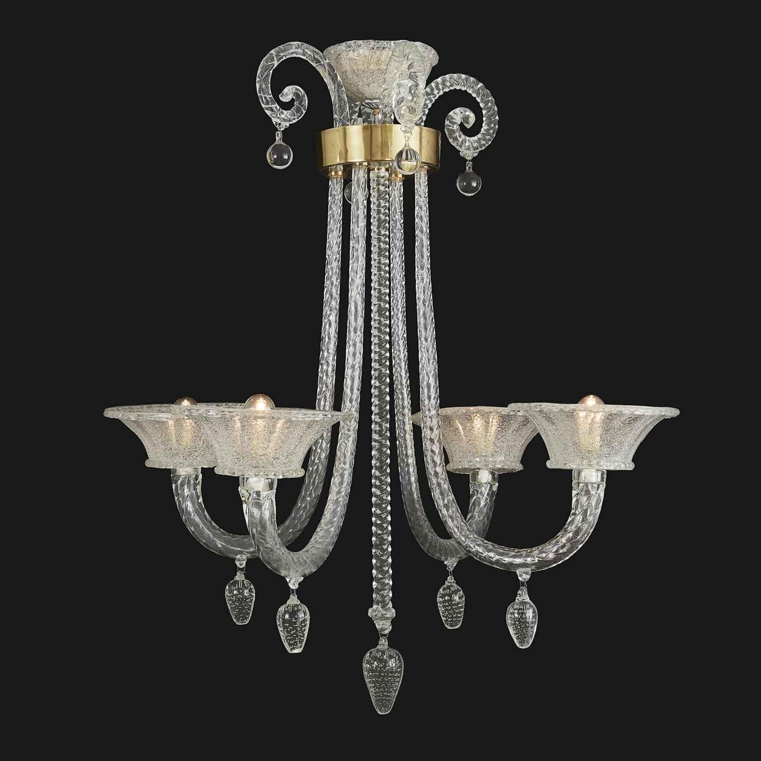 20th century Italian Venetian Art Deco four-light chandelier, a timeless Murano clear blown glass dating back to 1940s with four lights E14 contained within four large glass bowls, four upwards corollas. 
This antique hand-made chandelier realized
