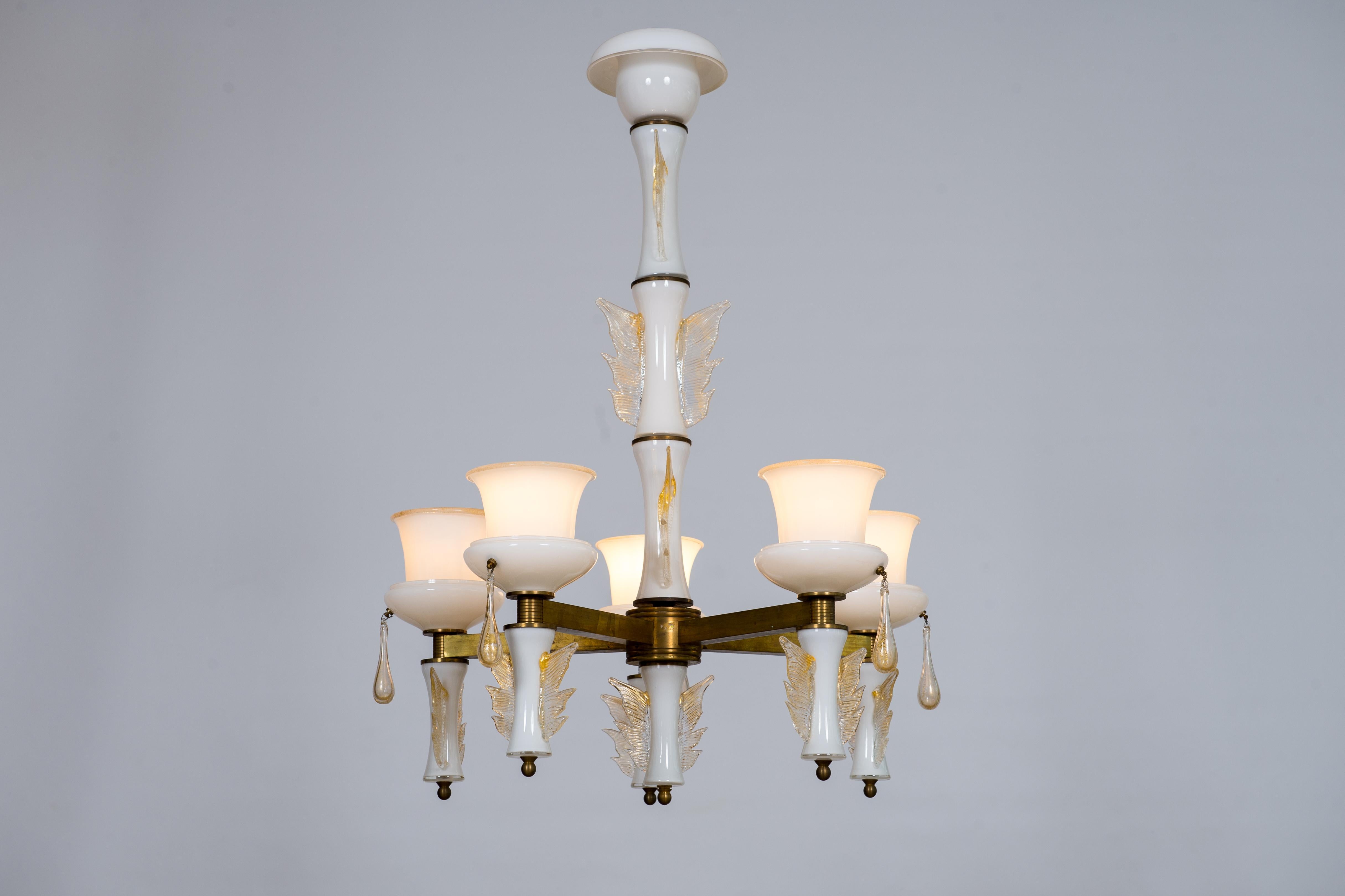 Murano Glass Chandelier white Butterfly gold finishes Signed De Majo 1970s Italy For Sale 8