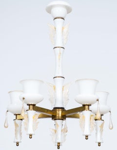 Murano Glass Chandelier white Butterfly gold finishes Signed De Majo 1970s Italy