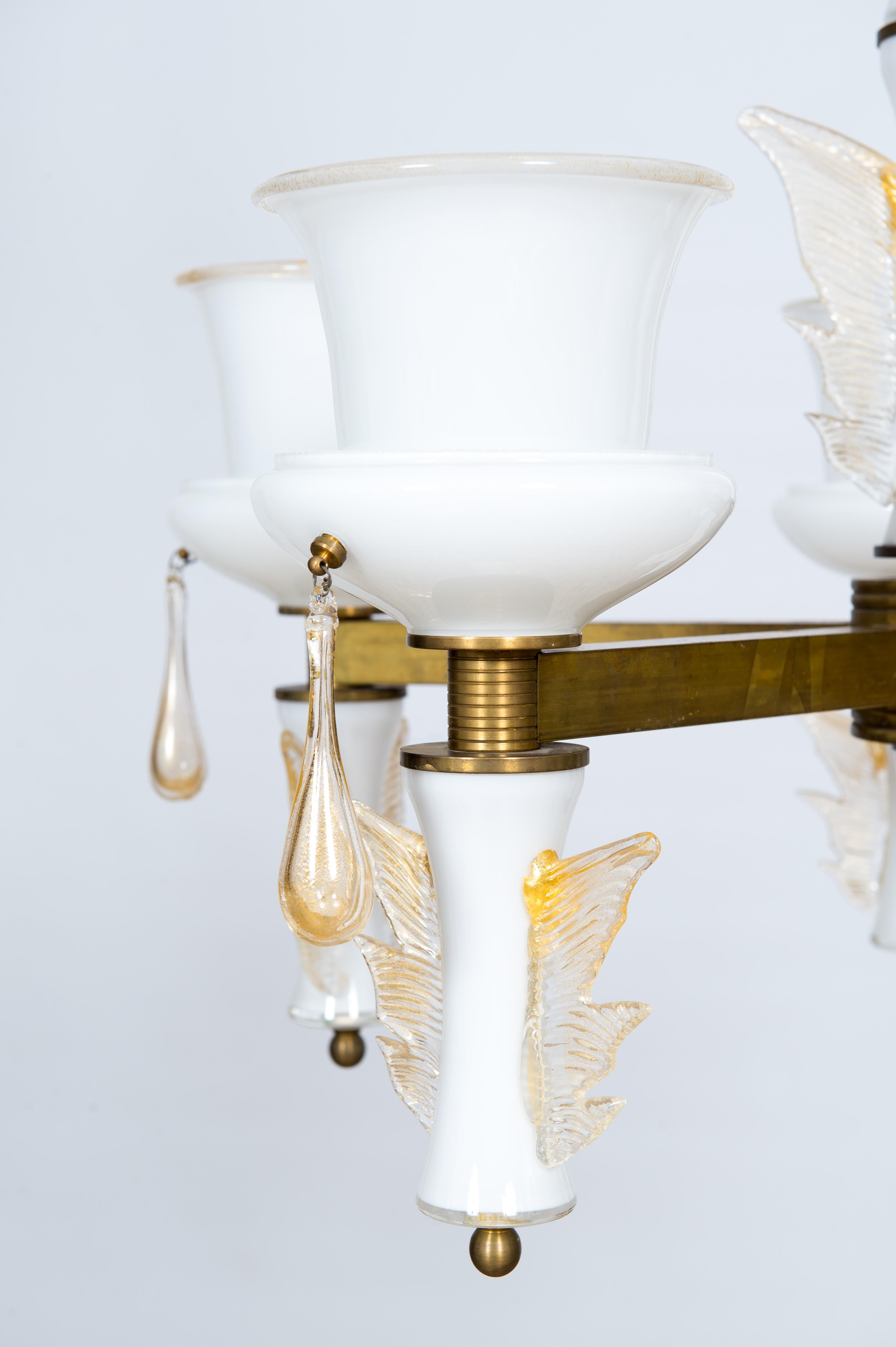 Murano Glass Chandelier white Butterfly gold finishes Signed De Majo 1970s Italy For Sale 1