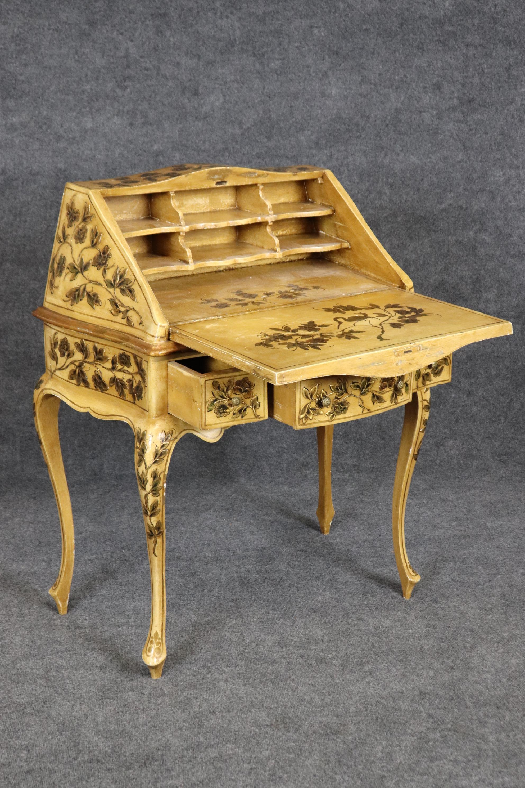This is a rare form of Louis XV style Italian-made secretary desk with chinoiserie painted cranes and various scenes in gold raised detail. The desk is in good condition and will show signs of use and chips but nothing significant. The desk dates to