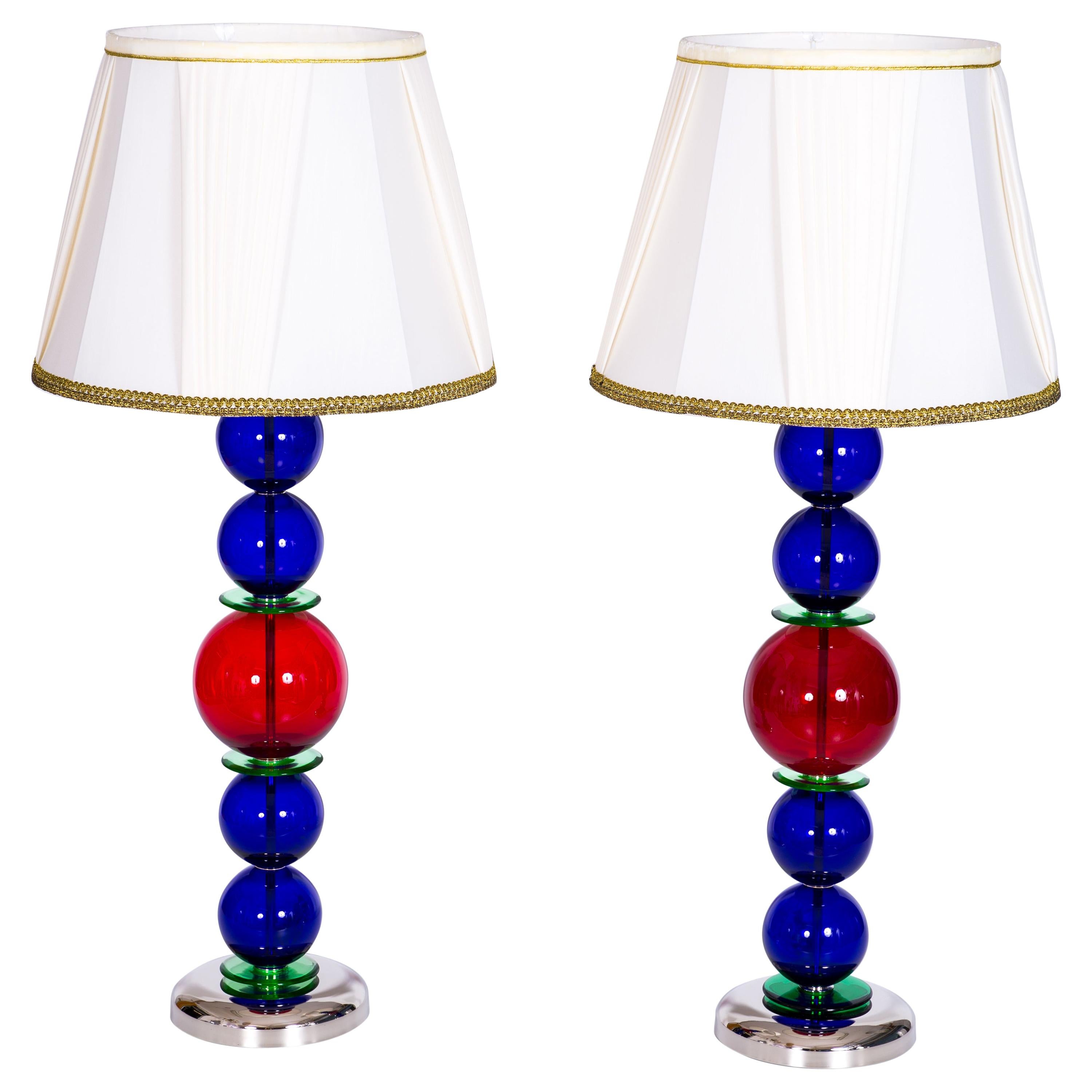 Giant Colorful Pair of  Table Lamps in Blown Murano Glass, Italy Contemporary