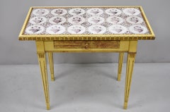 Italian Venetian Cream & Gold Giltwood Double Drawer Tile Top Console Hall Table