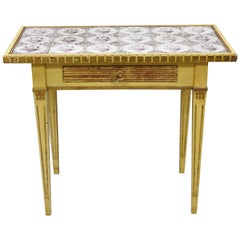 Italian Venetian Cream & Gold Giltwood Double Drawer Tile Top Console Hall Table