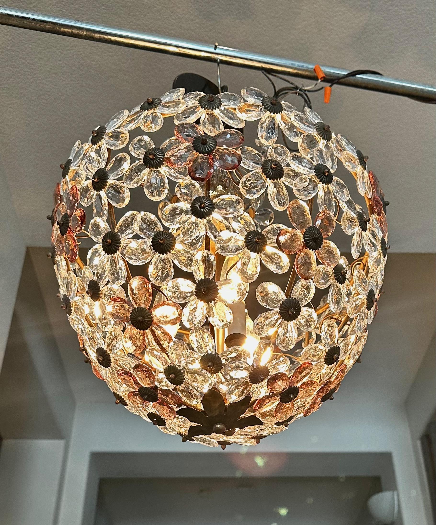 Mid-20th Century Bagues Crystal Floral Pendant Chandelier  For Sale