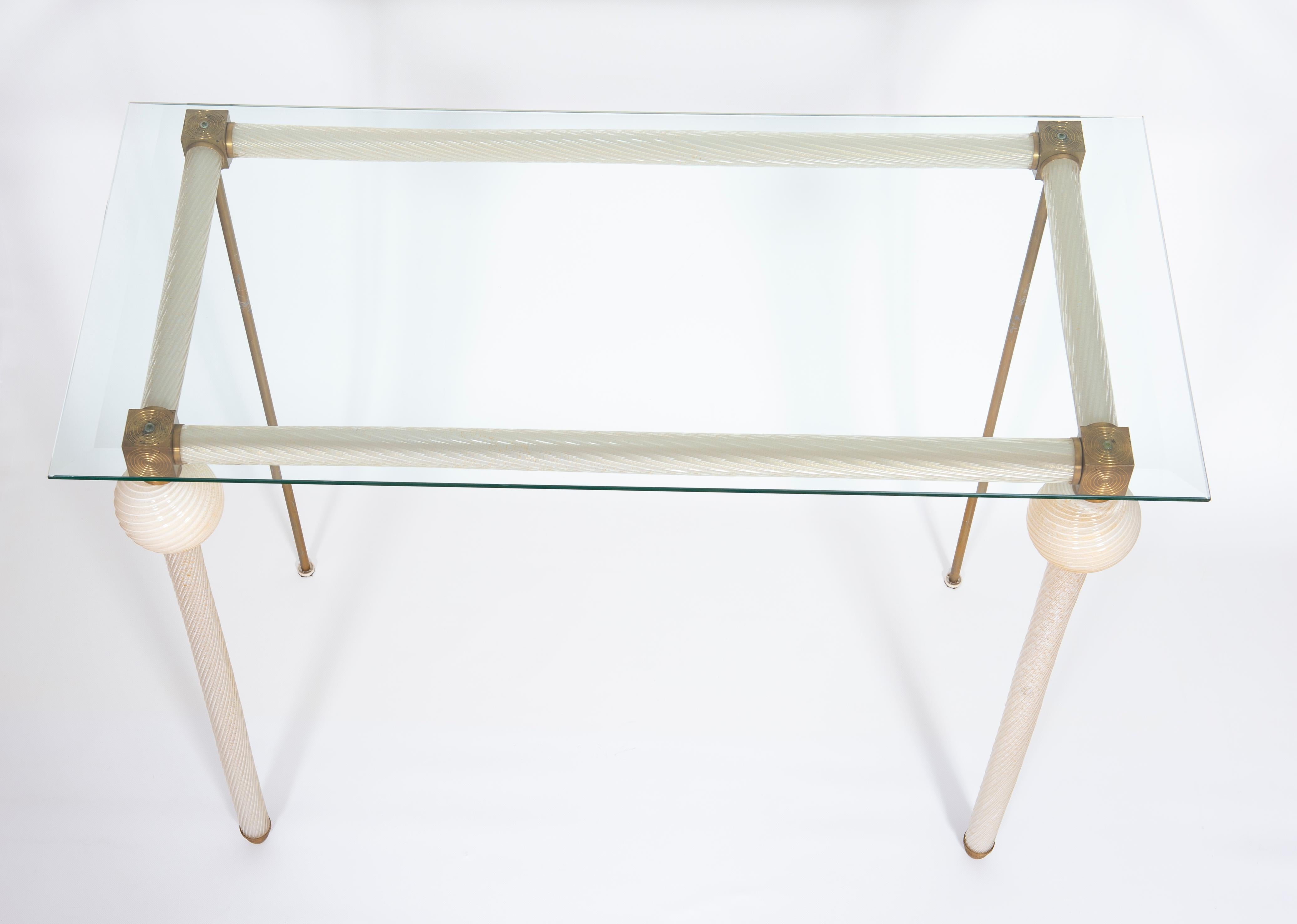 Art Deco Console Table Milk color Murano Glass and Gold Touches 1980s Giovanni Dalla Fina For Sale