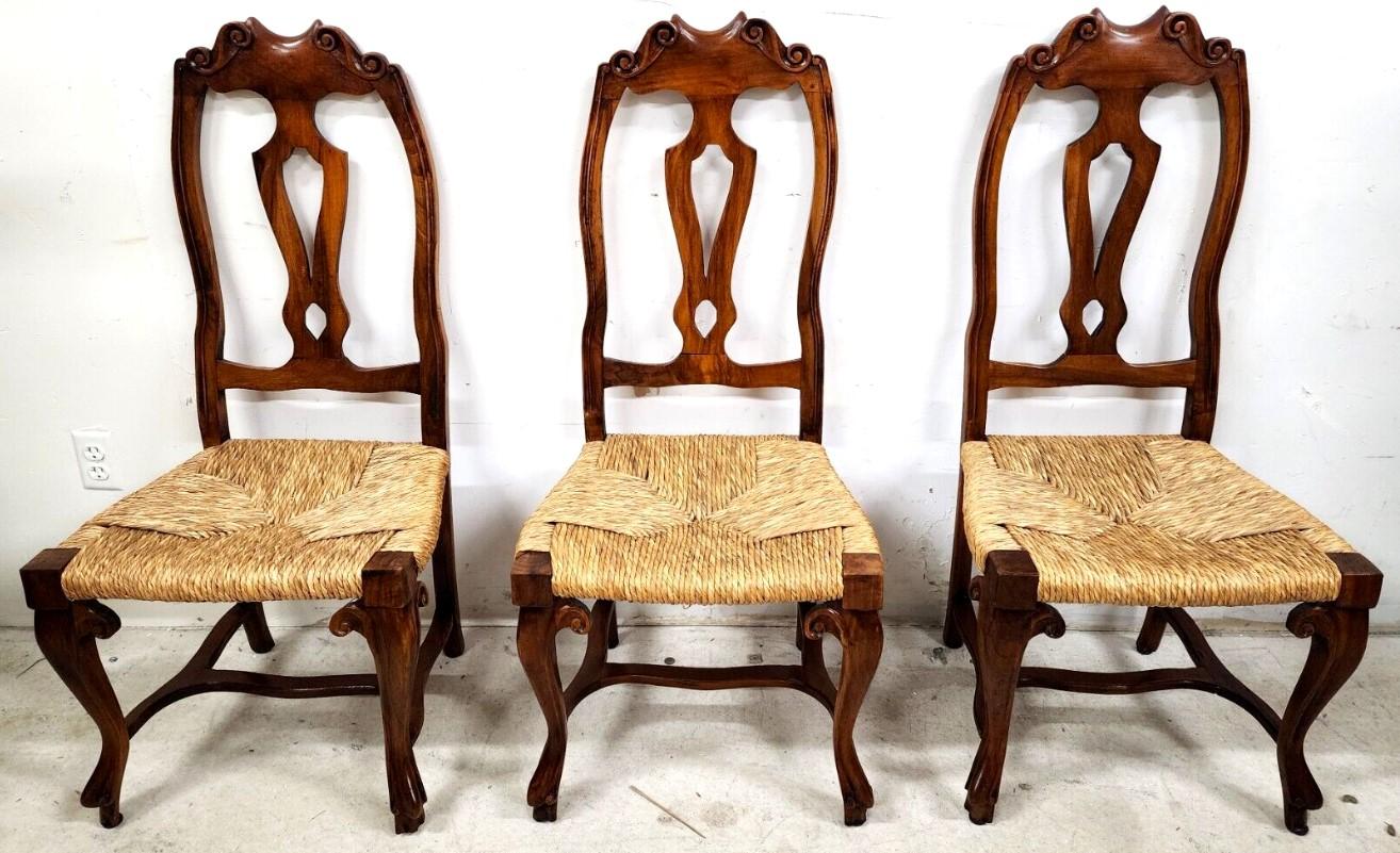 Carved Italian Venetian Dining Chairs Walnut Rush Seat Hand Made Set of 6 For Sale