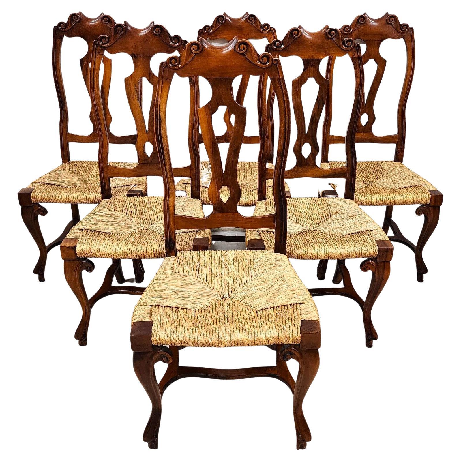 Italian Venetian Dining Chairs Walnut Rush Seat Hand Made Set of 6 For Sale