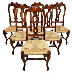 Vintage Italian Venetian Dining Chairs Walnut Rush Seat Hand Made Set of 6