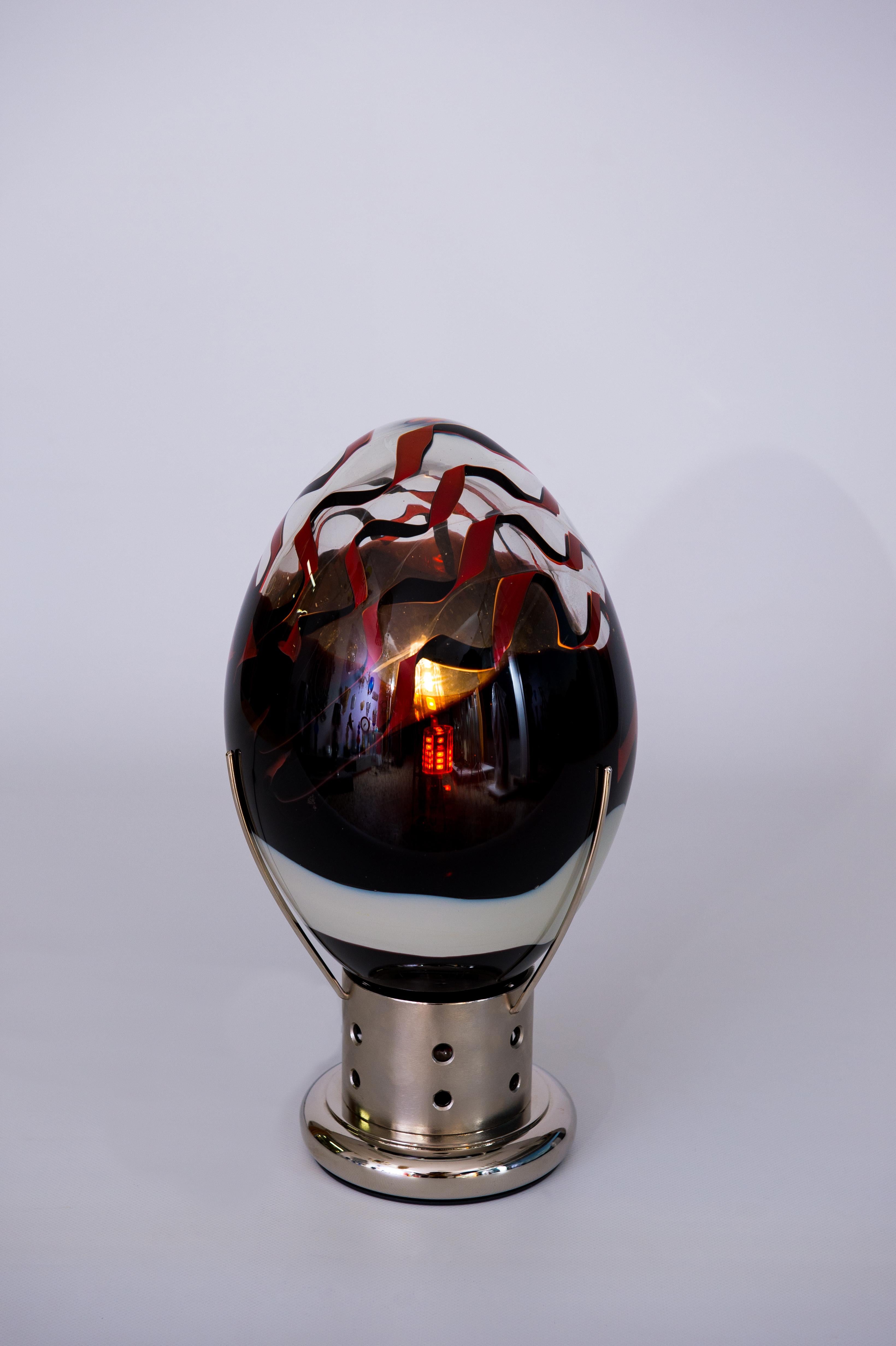 Blown Glass Elegant Venetian Egg Lamp Murano Glass Vibrant Red Dark Metal Base 1990s Italy For Sale