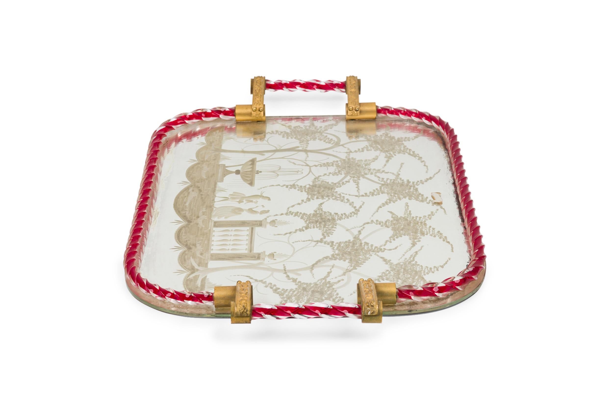 Bandeja de tocador veneciana italiana de cristal grabado y bronce, estilo de Ercole Barovier Barroco en venta