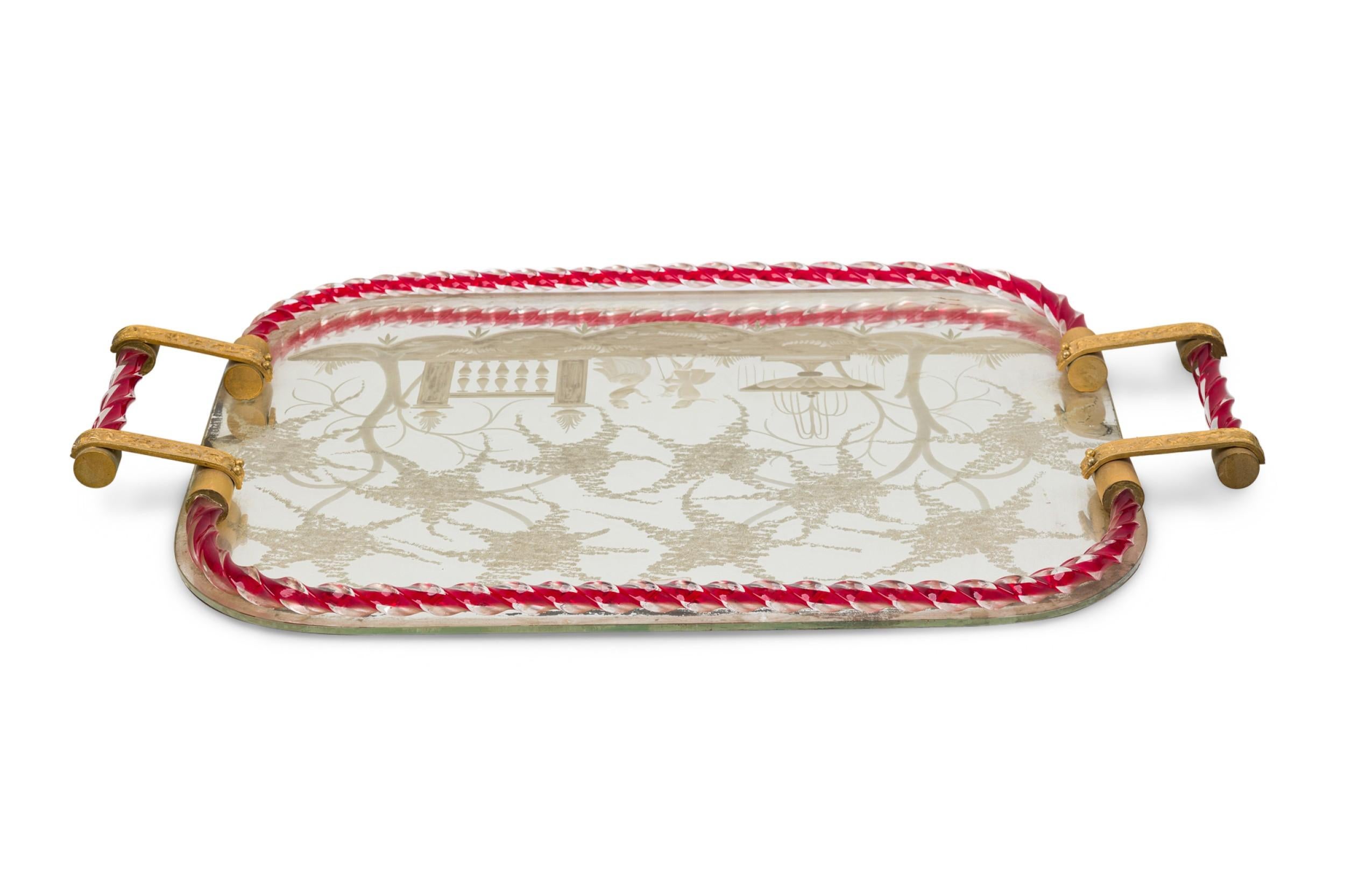 Bandeja de tocador veneciana italiana de cristal grabado y bronce, estilo de Ercole Barovier Italiano en venta