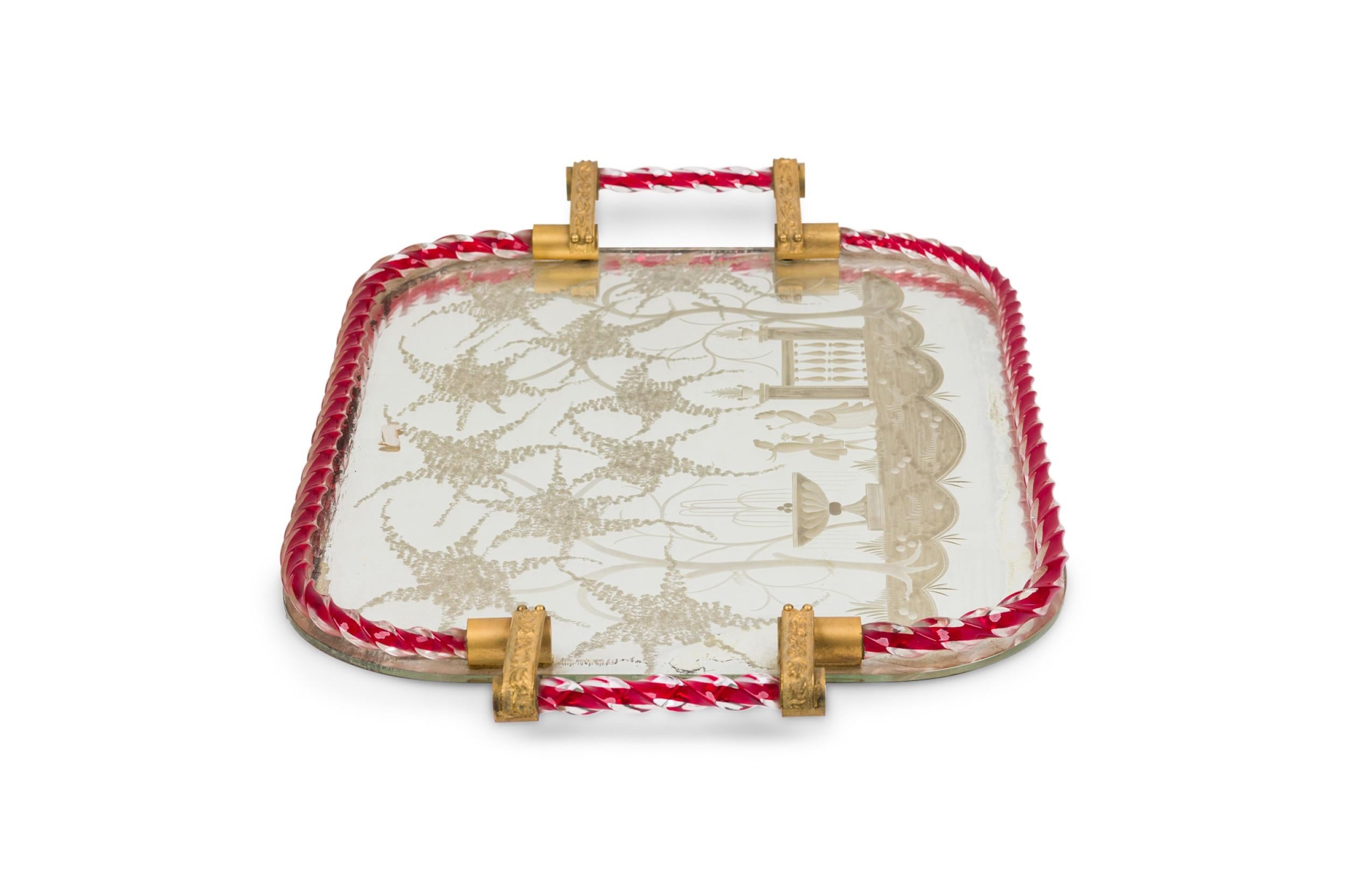 Bandeja de tocador veneciana italiana de cristal grabado y bronce, estilo de Ercole Barovier Grabado en venta