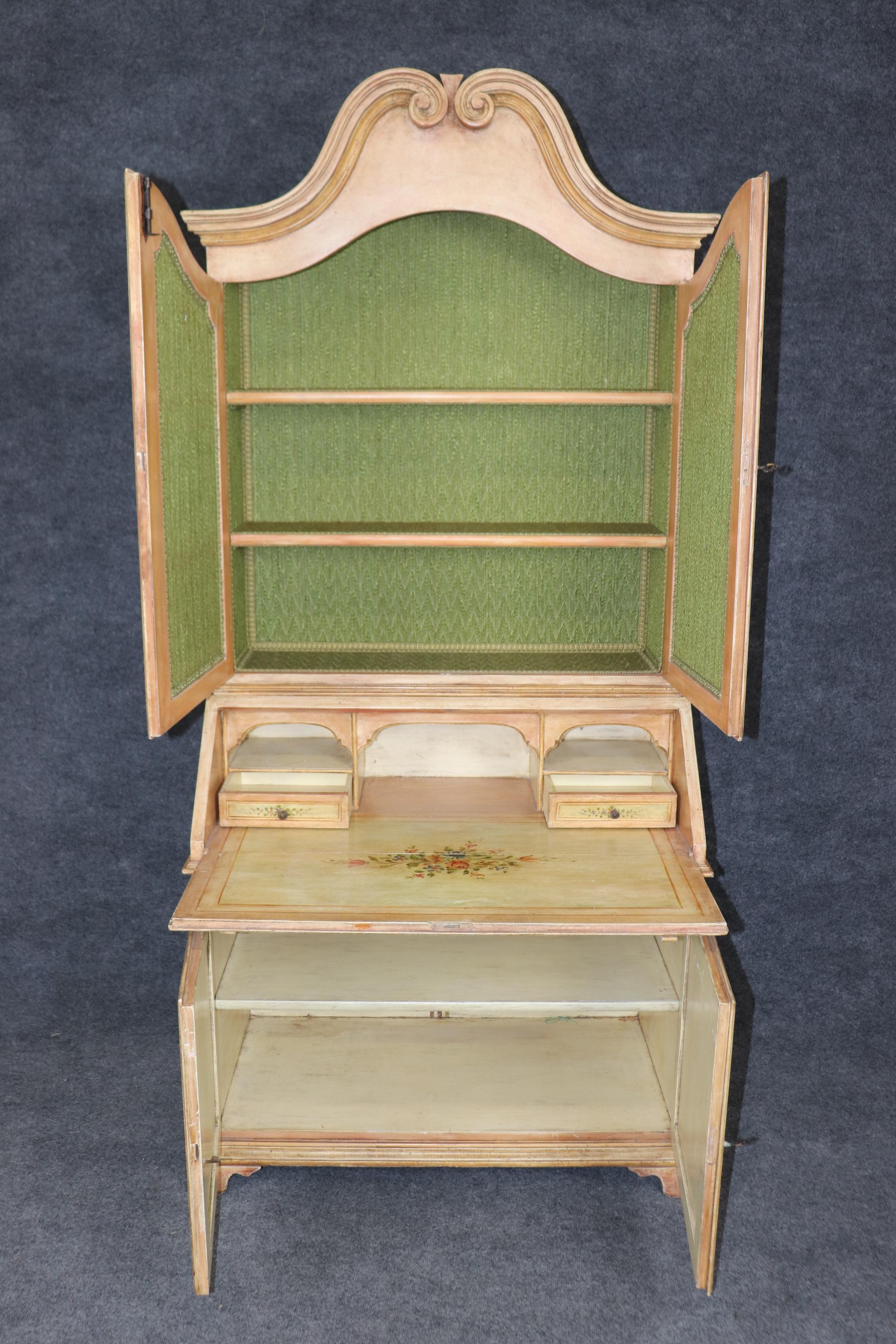 
This is a spectacular distressed-painted Italian-painted secretary desk from Italy. The desk is designed in the Venetian tradition. The painting and finish was done to look antique and is intentionally distressed. The condition is good for its age