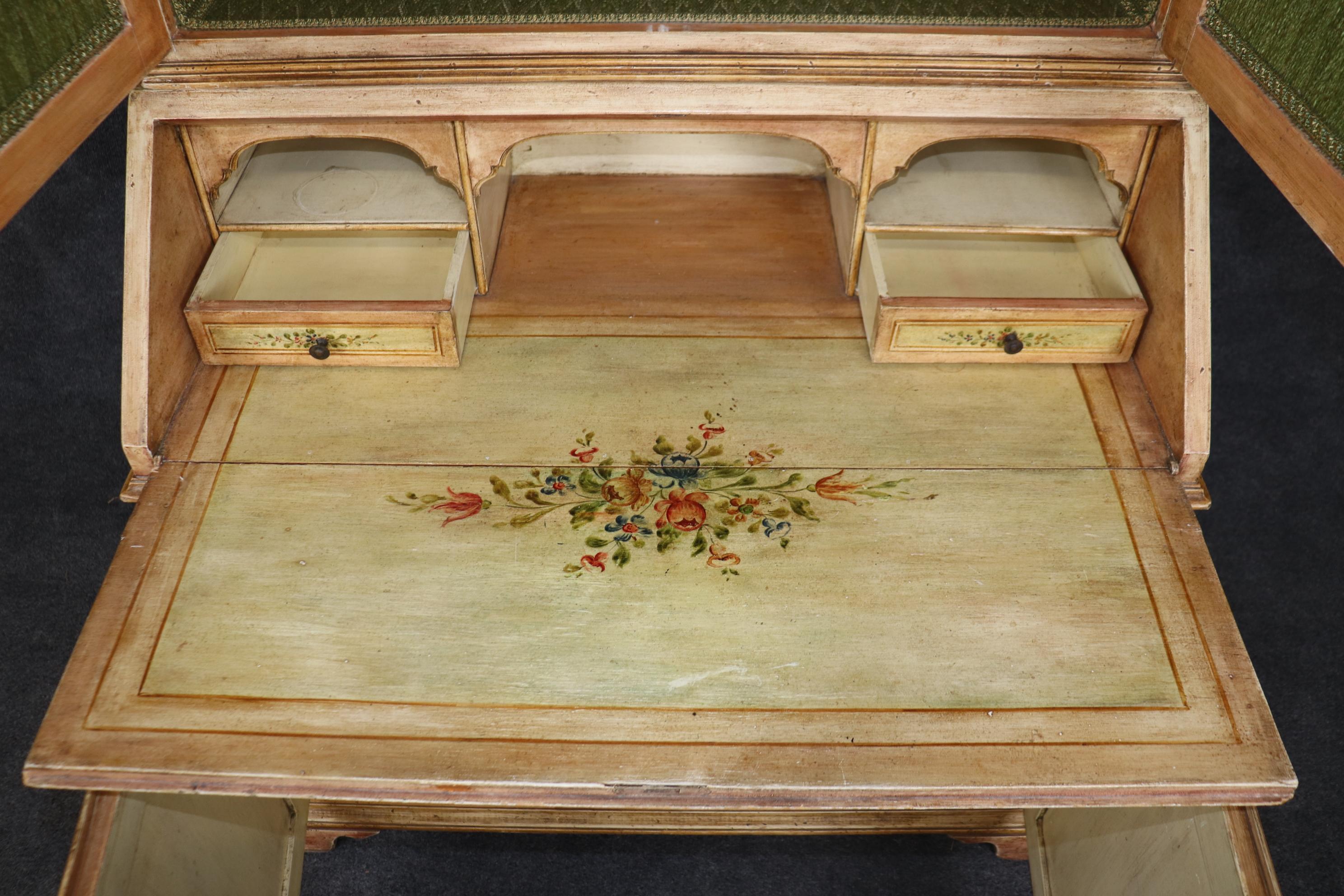 Louis XV Italian Venetian Floral Paint Decorated Antique Distressed Secretary Desk For Sale