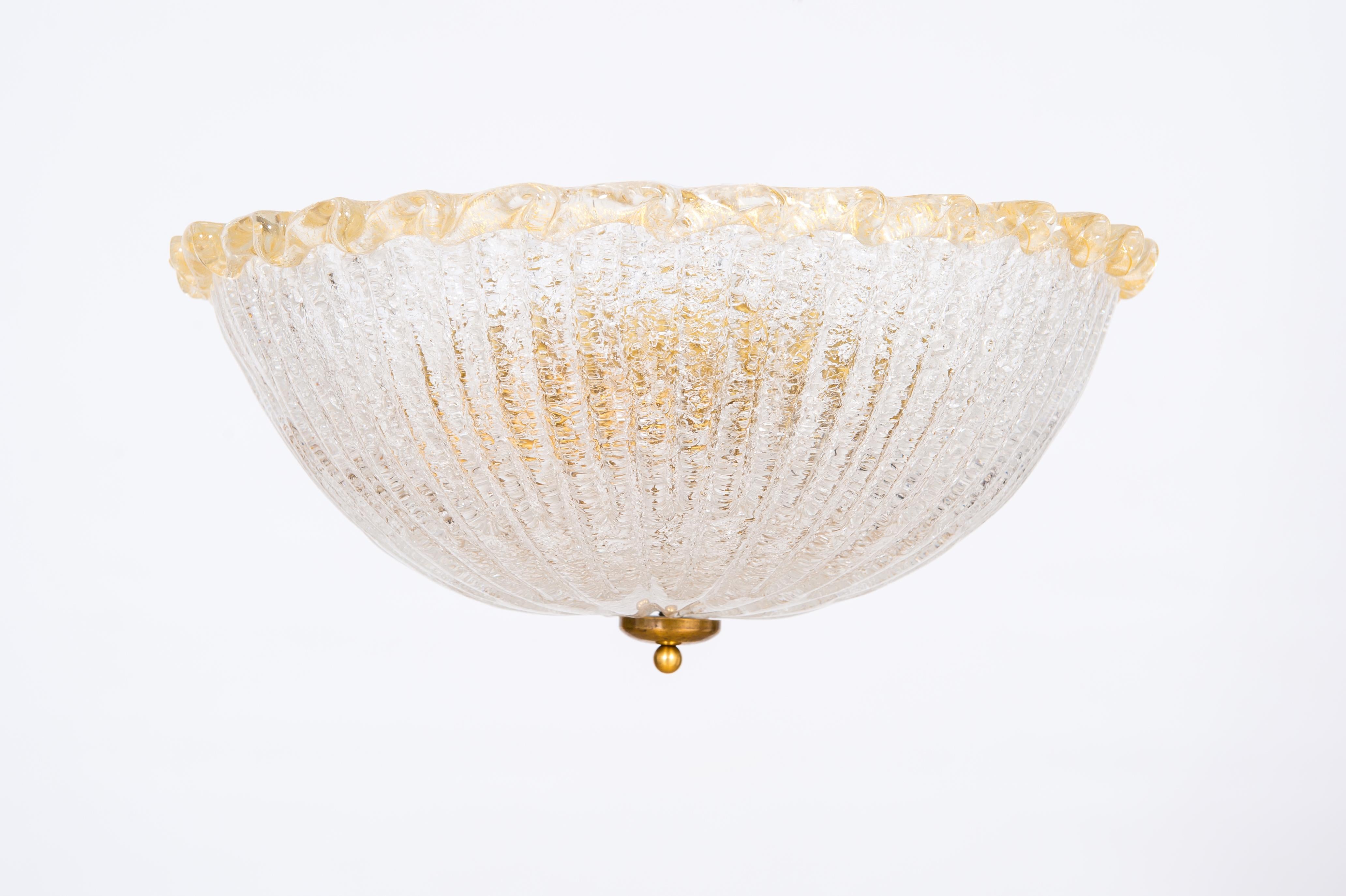 Italian Venetian Flush Mount in Blown Murano Glass with Gold Finishes 1980s For Sale 4