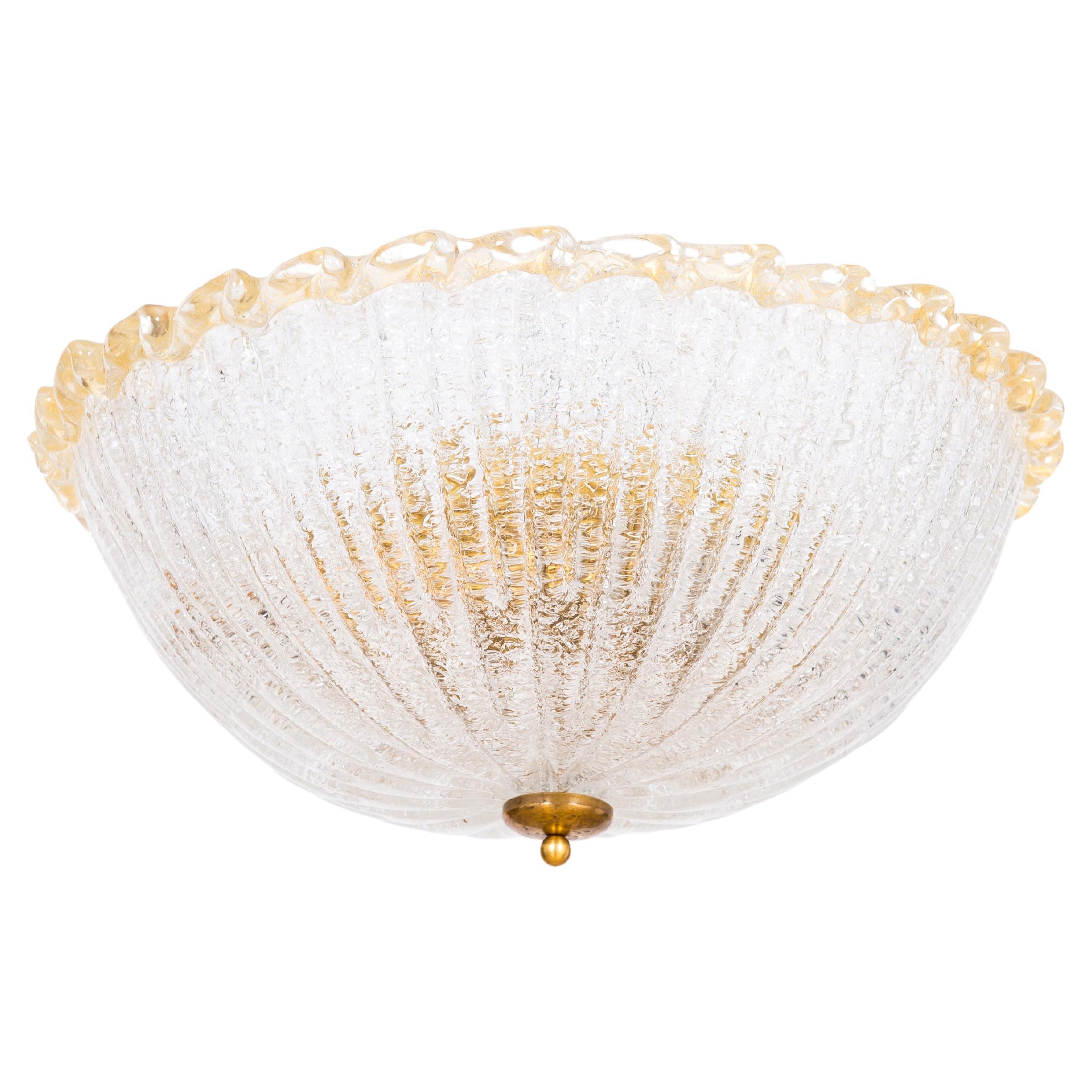 Italian Venetian Flush Mount in Blown Murano Glass with Gold Finishes 1980s