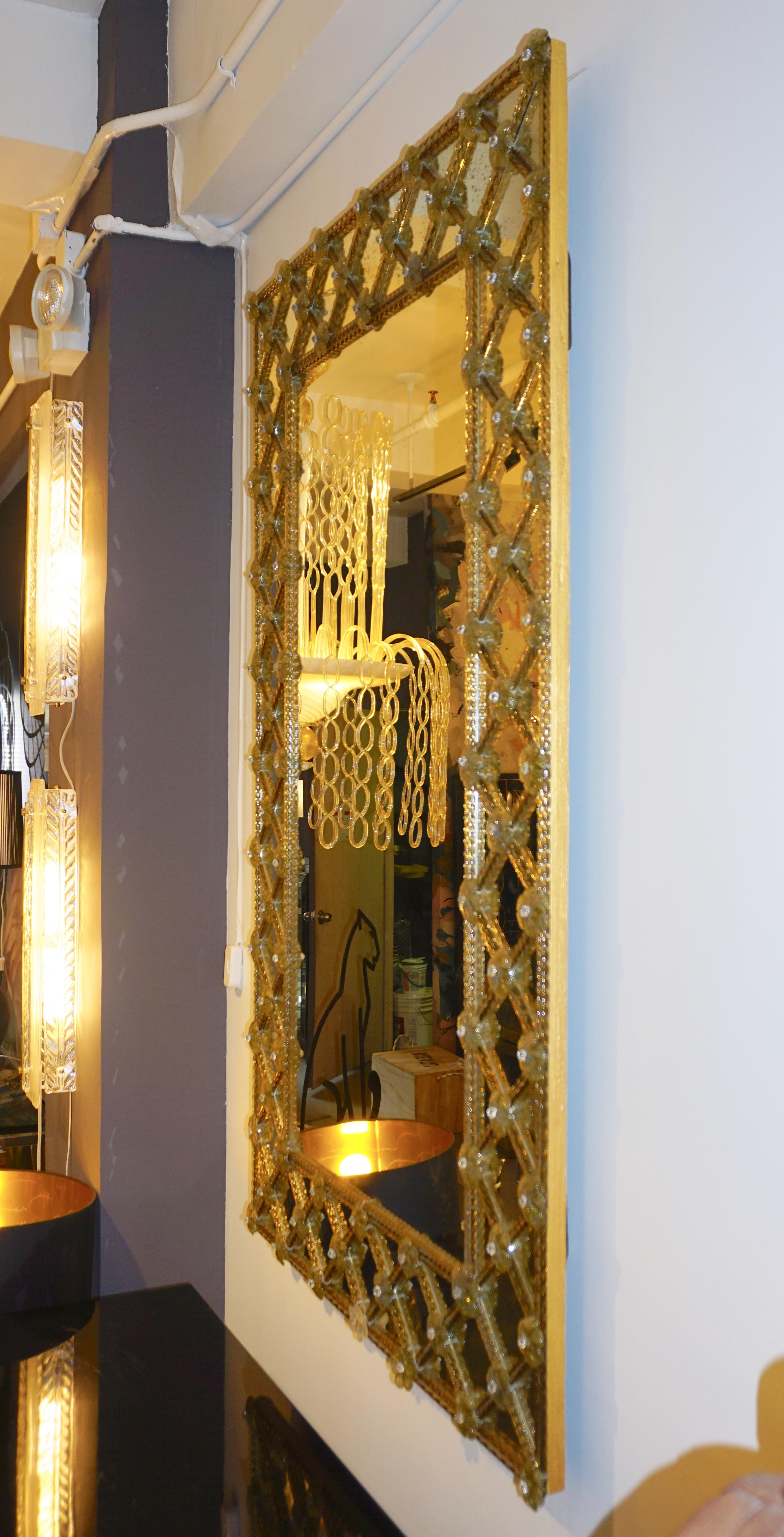 Contemporary Italian Venetian Geometric Amber Gold Murano Glass Lattice Mirror 10