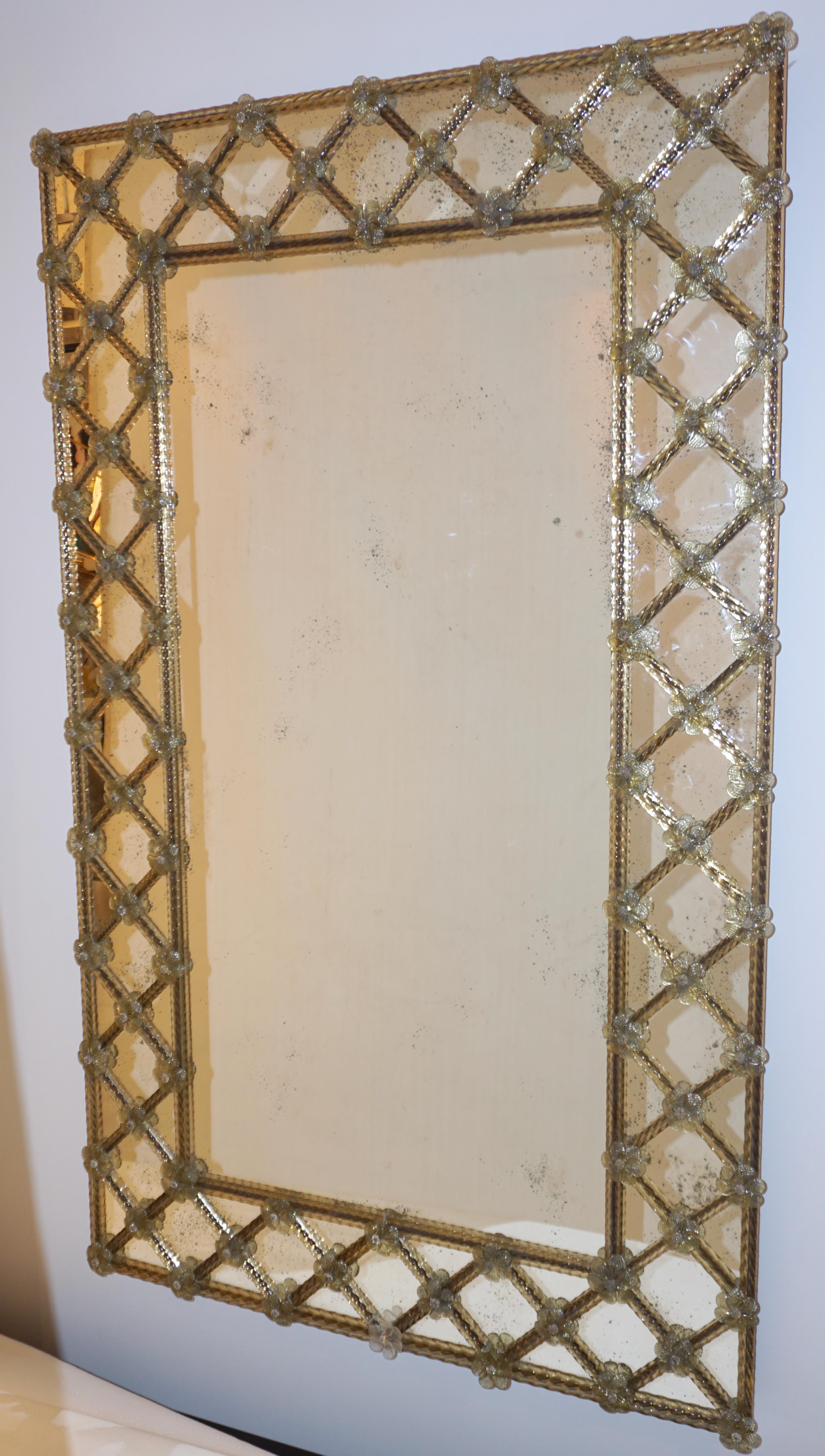 Contemporary Italian Venetian Geometric Amber Gold Murano Glass Lattice Mirror 11
