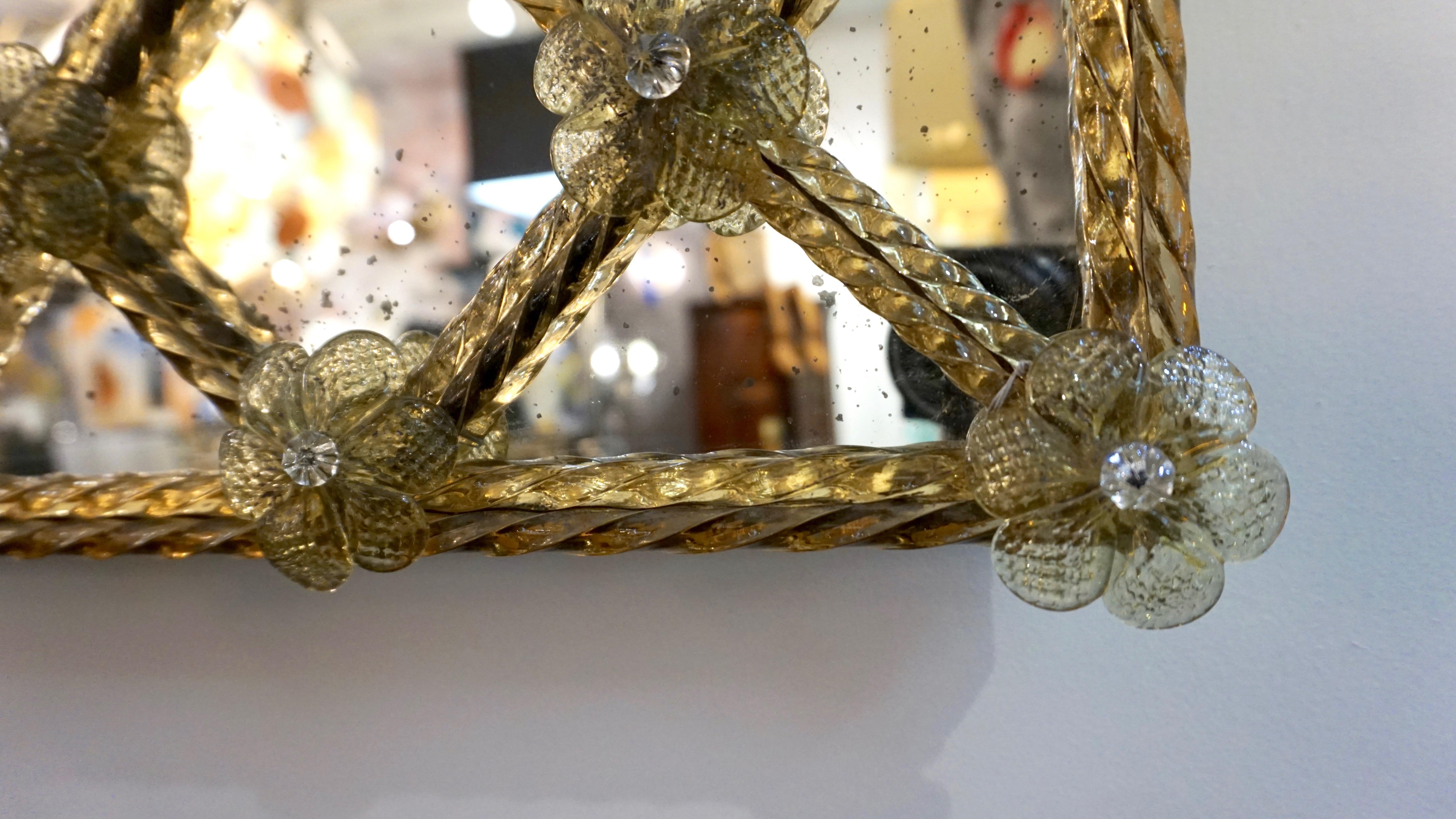 Hand-Painted Contemporary Italian Venetian Geometric Amber Gold Murano Glass Lattice Mirror