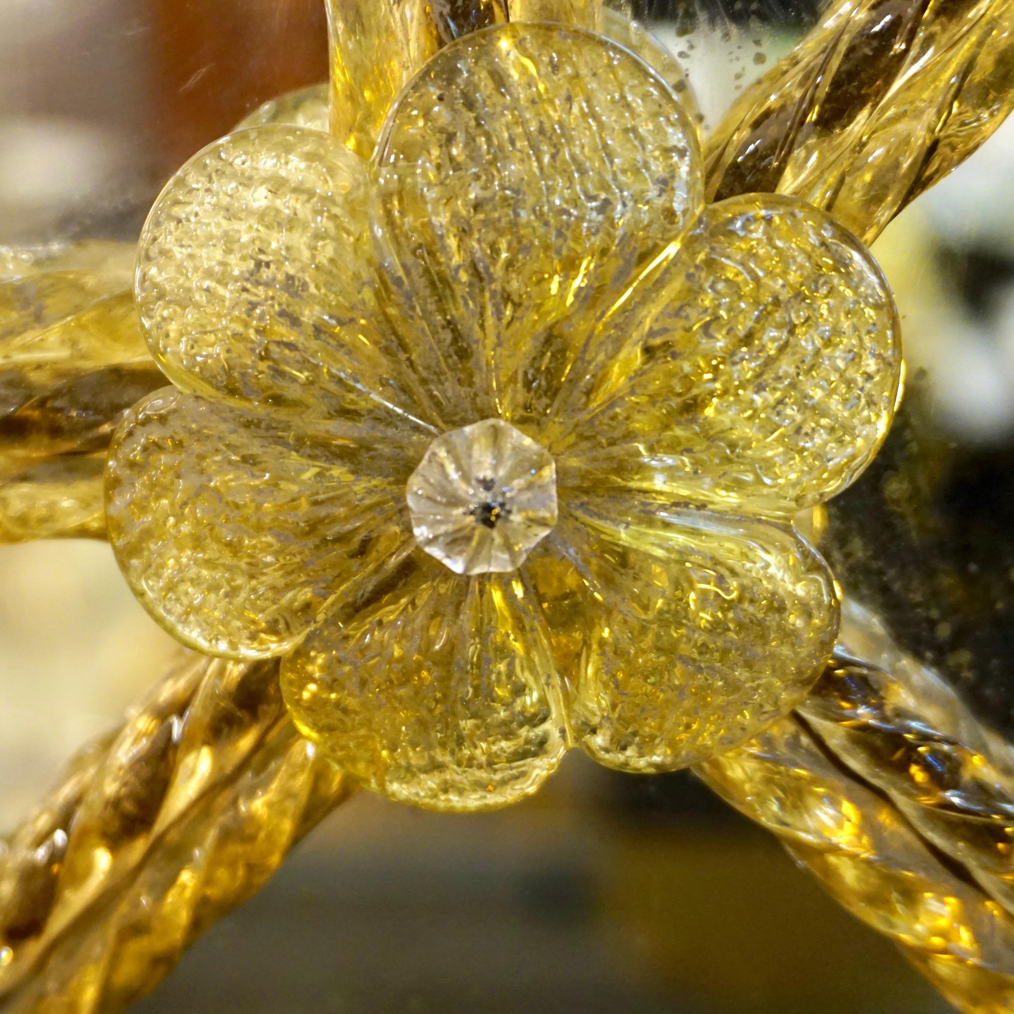 Giltwood Contemporary Italian Venetian Geometric Amber Gold Murano Glass Lattice Mirror