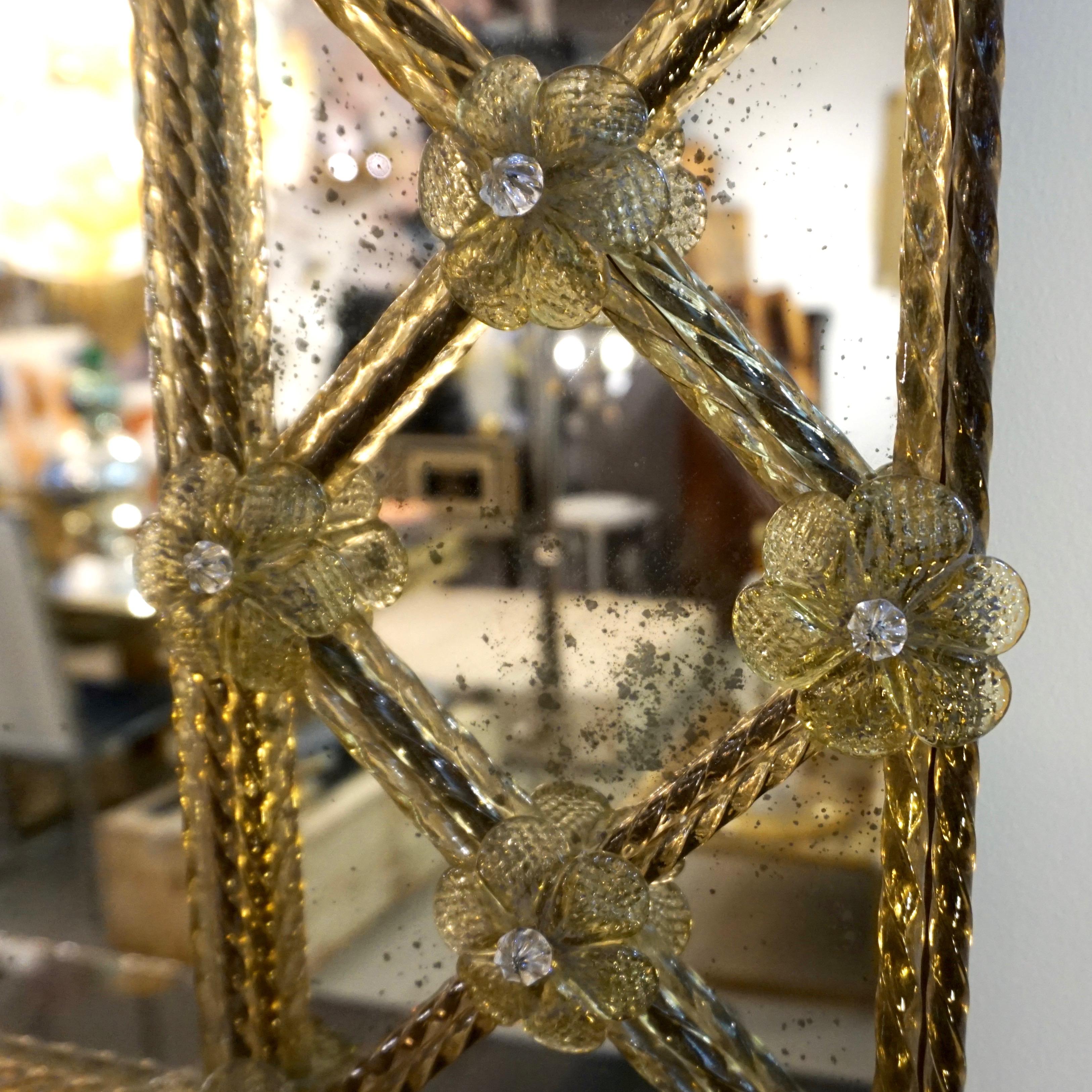 Contemporary Italian Venetian Geometric Amber Gold Murano Glass Lattice Mirror 1
