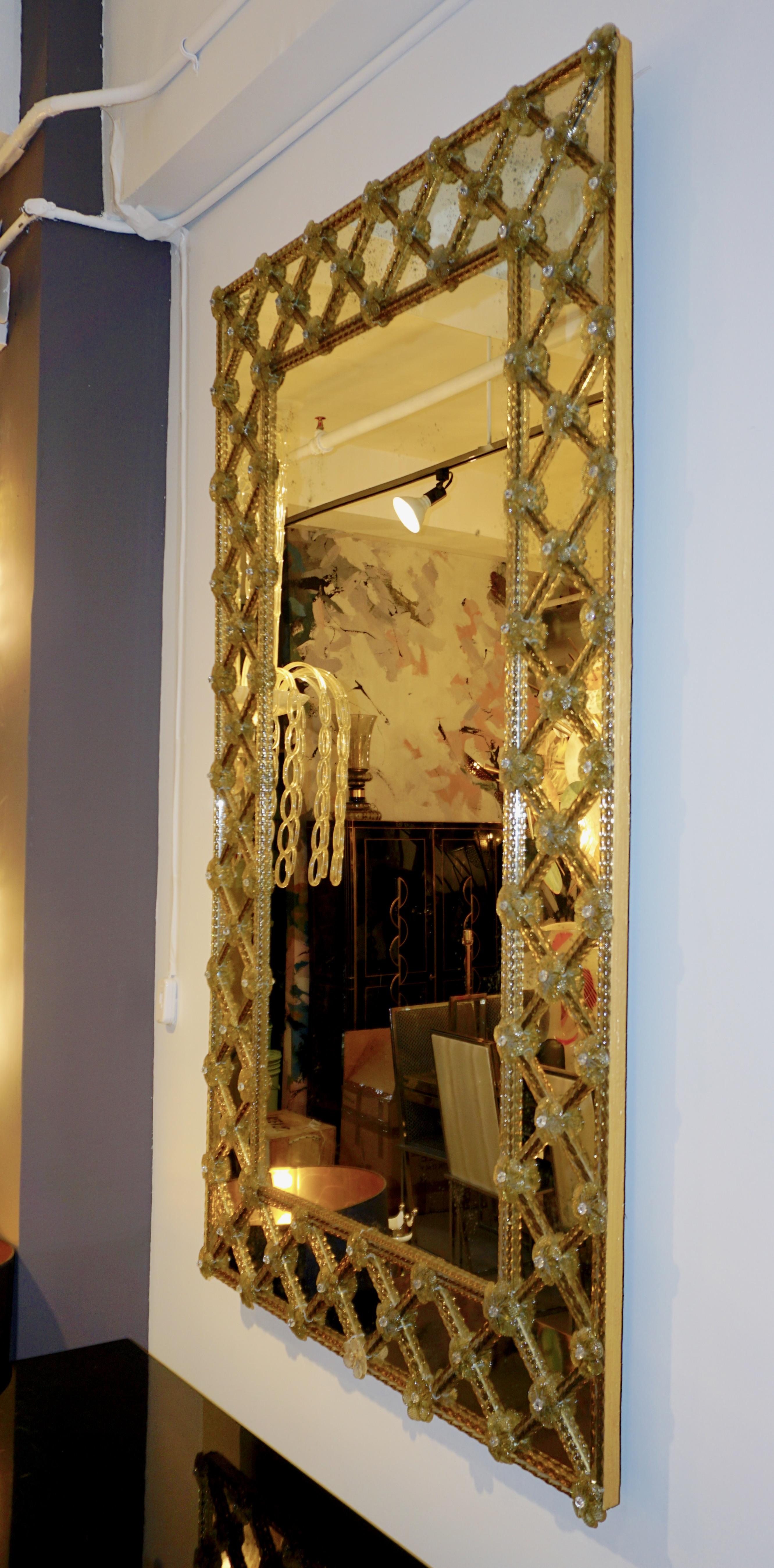 Contemporary Italian Venetian Geometric Amber Gold Murano Glass Lattice Mirror 2