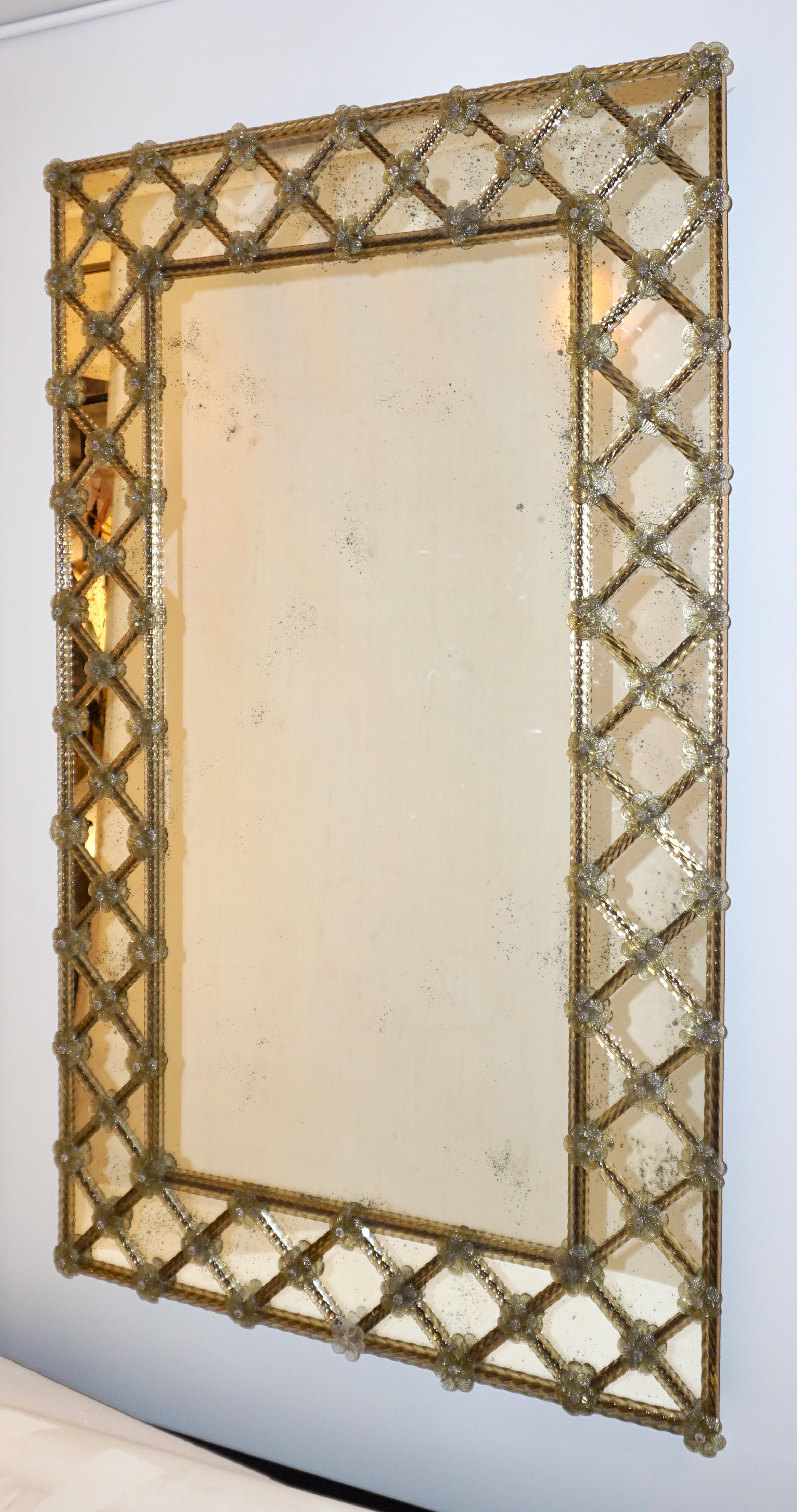Contemporary Italian Venetian Geometric Amber Gold Murano Glass Lattice Mirror 3