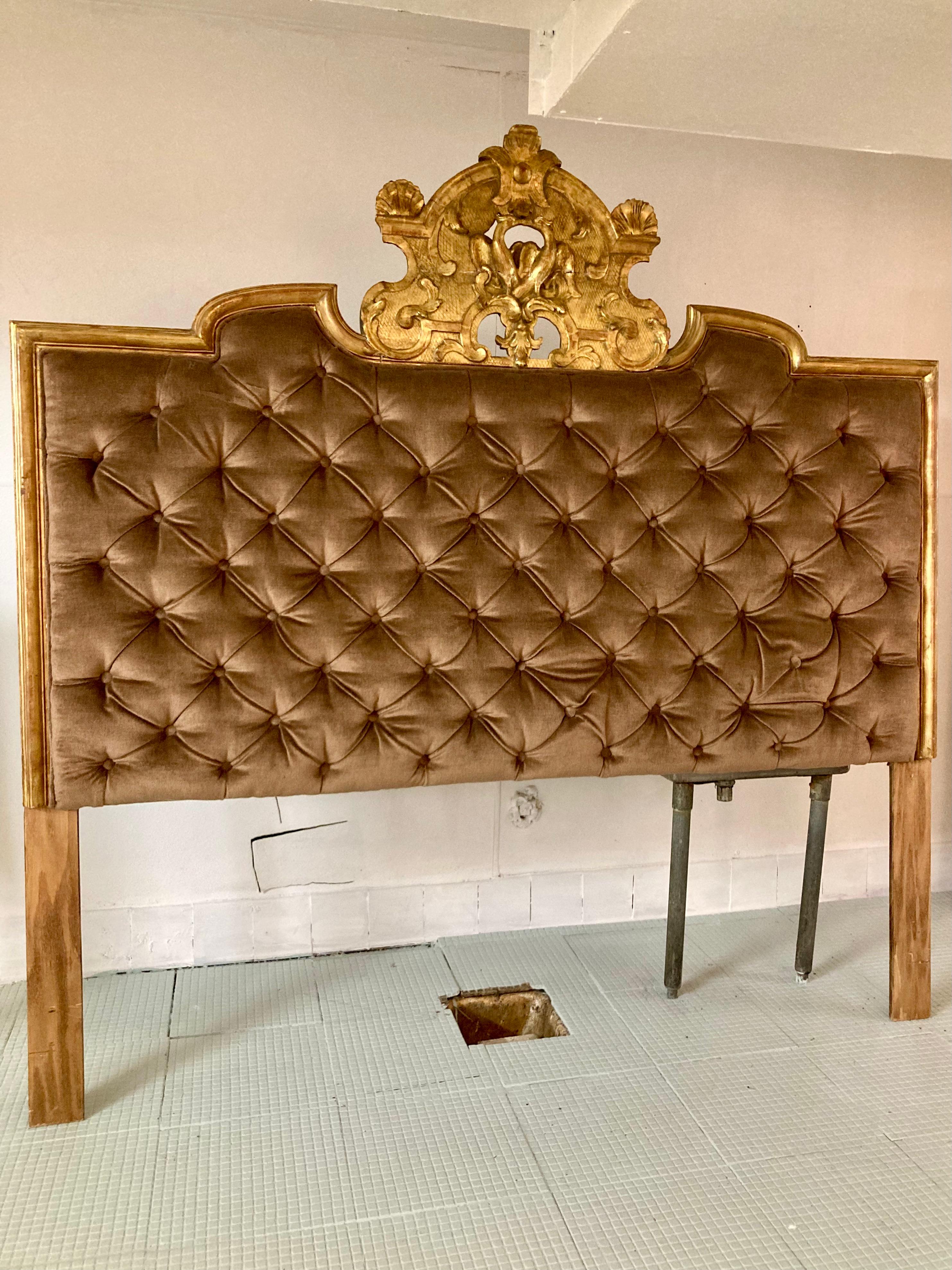 Beautiful Italian Venetian gilt carved wood king size headboard with Todd Hase silk mohair. Beautiful gilt wood frame with incredible carving details. Perfect for any size king mattress set. Add some Venetian Style to your home!