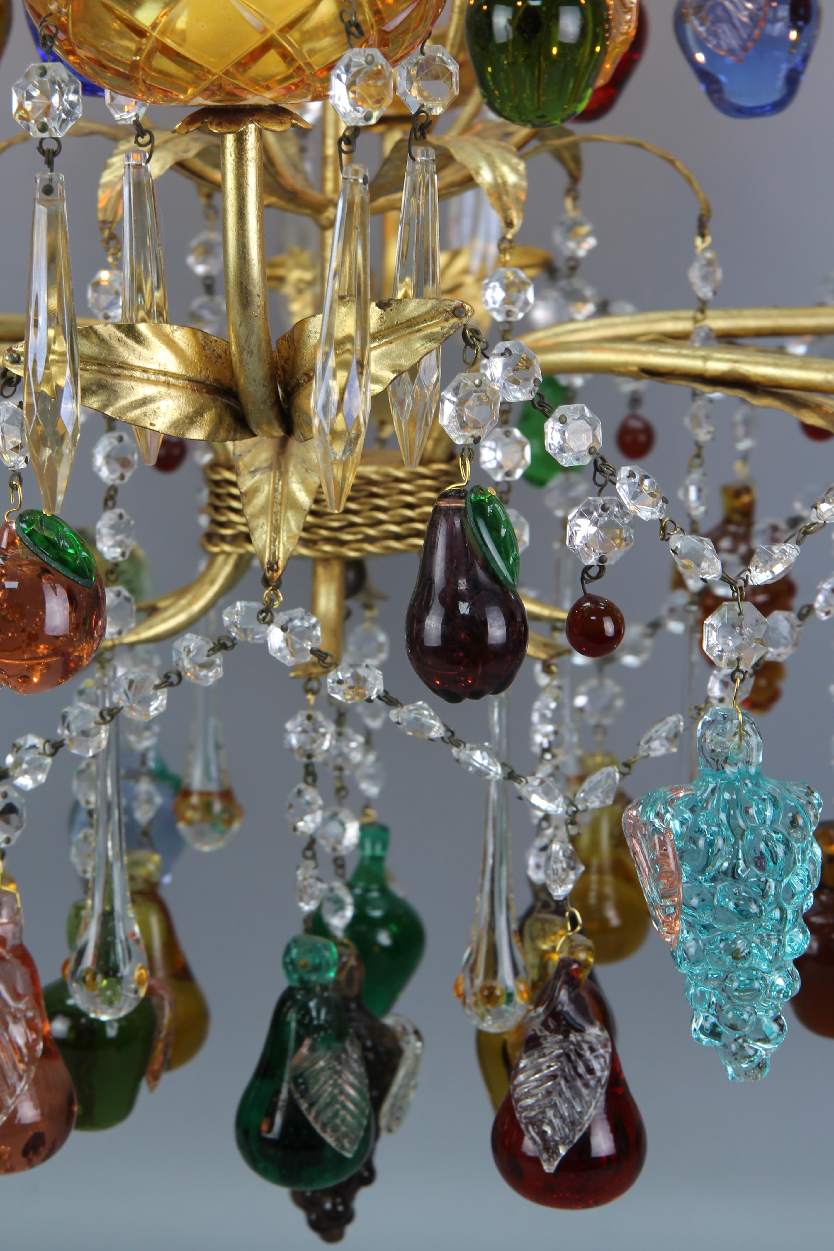 Italian Venetian Gilt Metal Six-Light Chandelier with Murano Glass Fruits For Sale 3