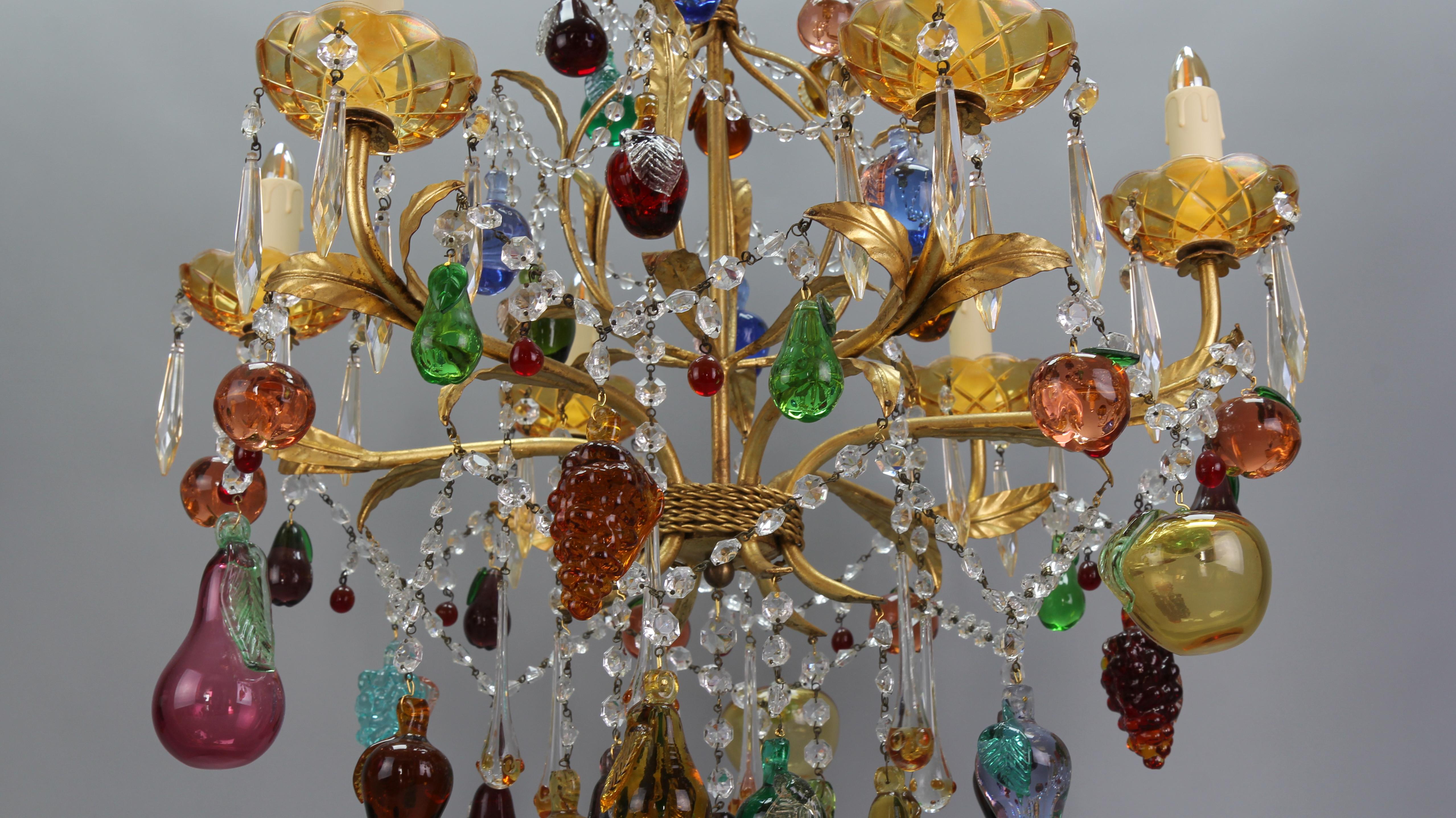 Italian Venetian Gilt Metal Six-Light Chandelier with Murano Glass Fruits For Sale 4