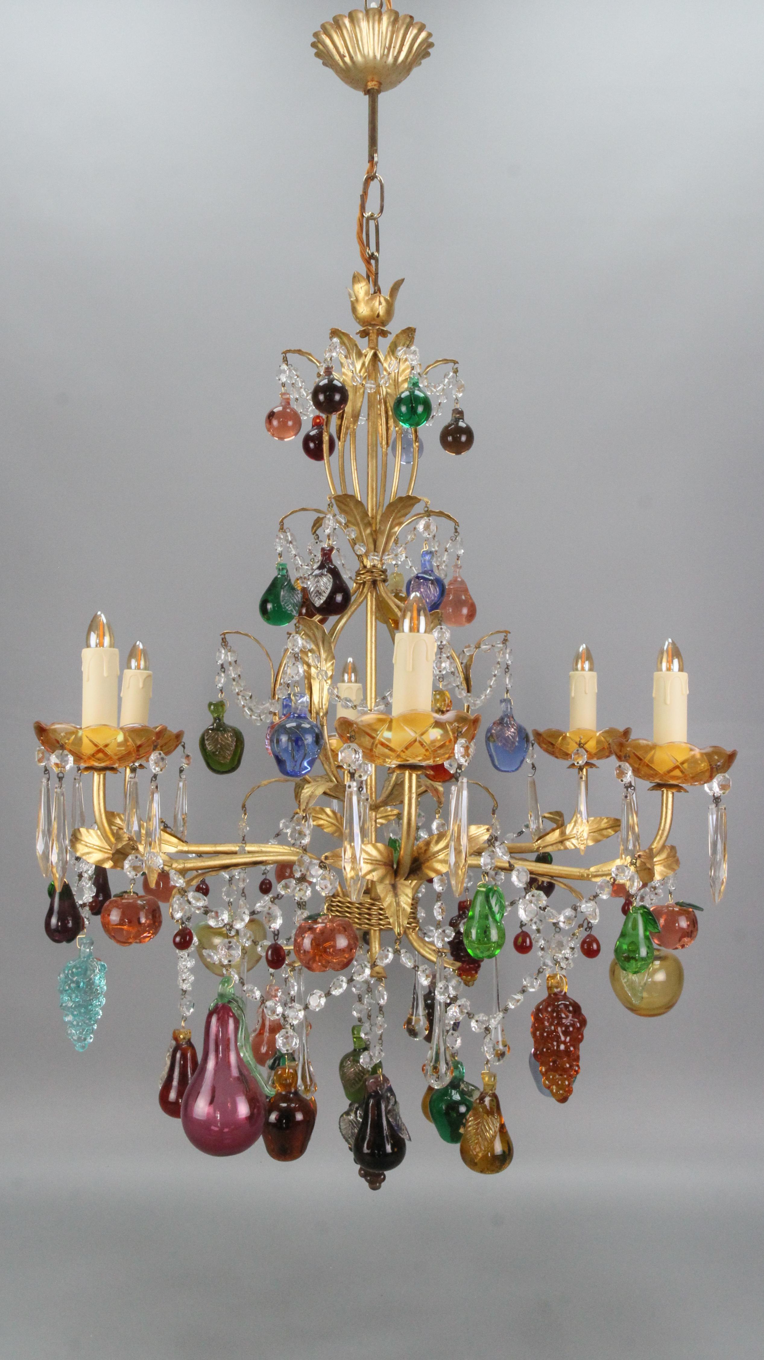 Italian Venetian Gilt Metal Six-Light Chandelier with Murano Glass Fruits For Sale 6