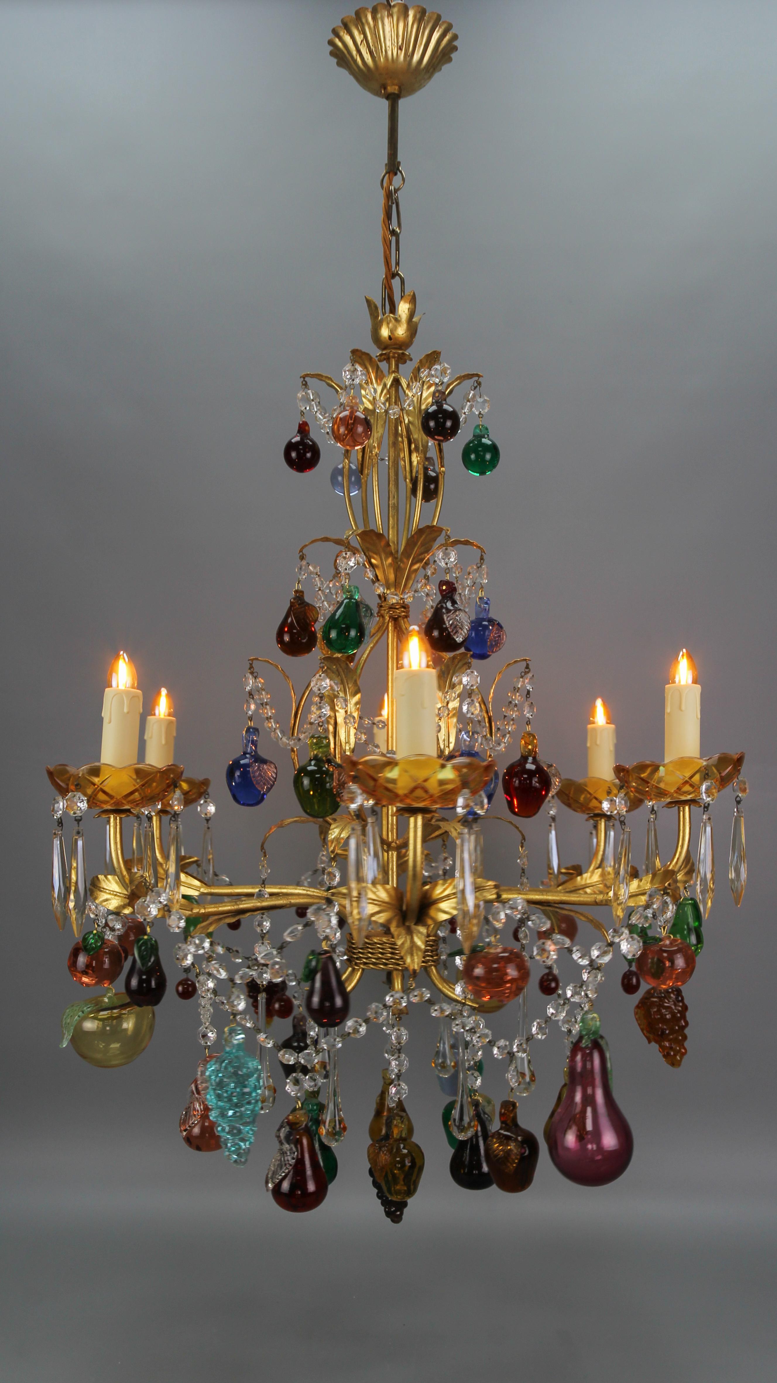 Italian Venetian Gilt Metal Six-Light Chandelier with Murano Glass Fruits For Sale 8