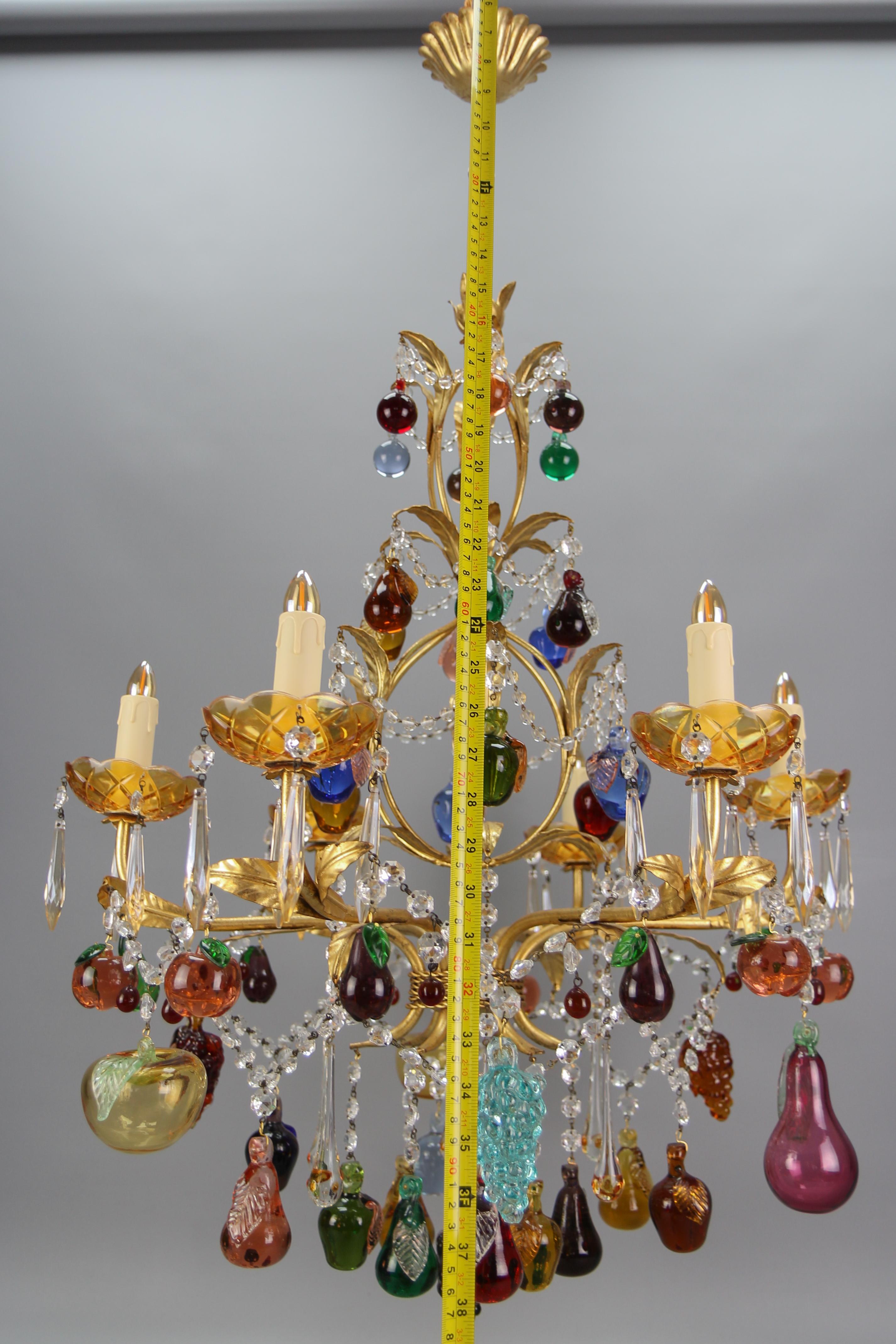 Italian Venetian Gilt Metal Six-Light Chandelier with Murano Glass Fruits For Sale 8