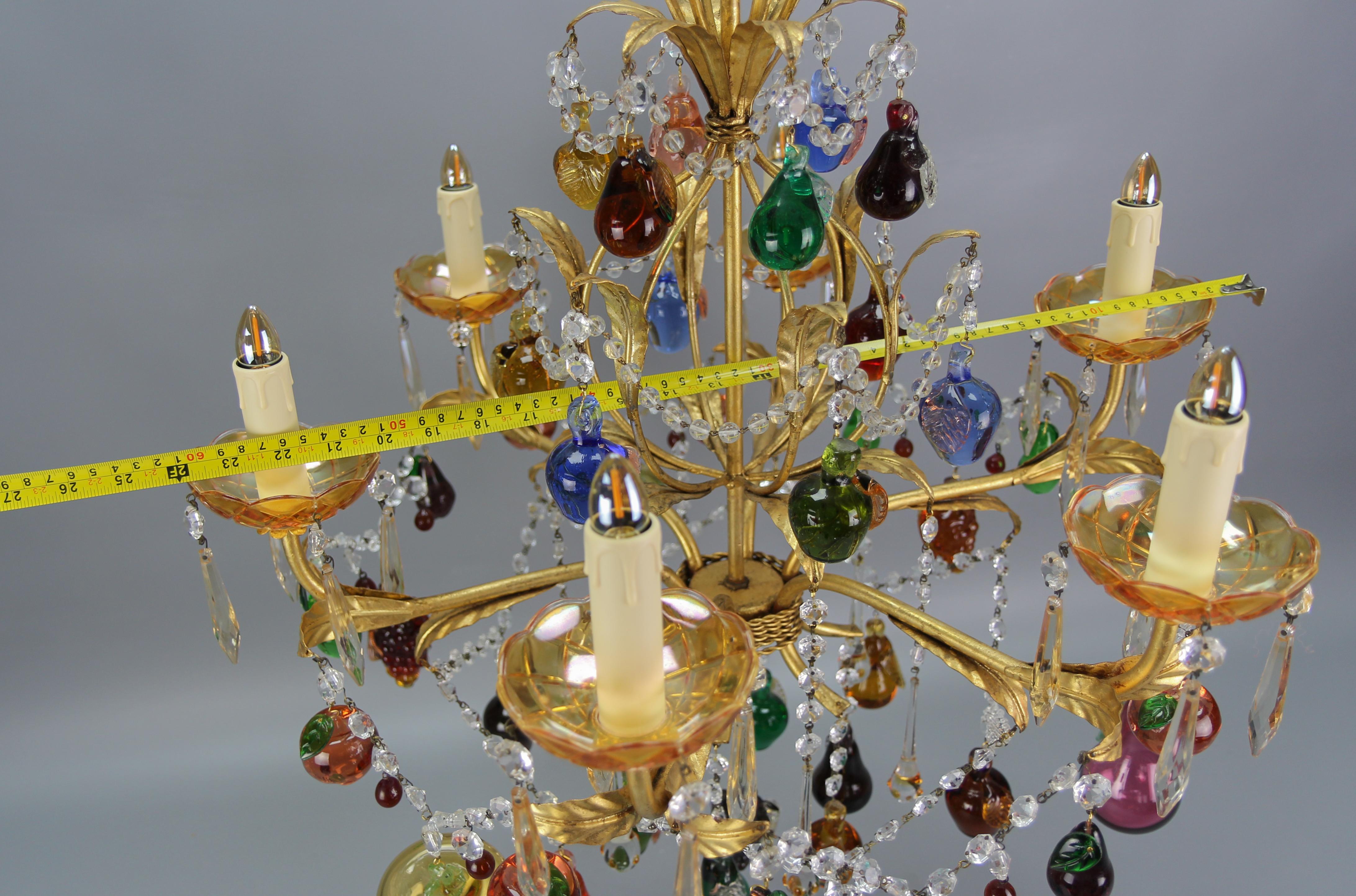 Italian Venetian Gilt Metal Six-Light Chandelier with Murano Glass Fruits For Sale 9