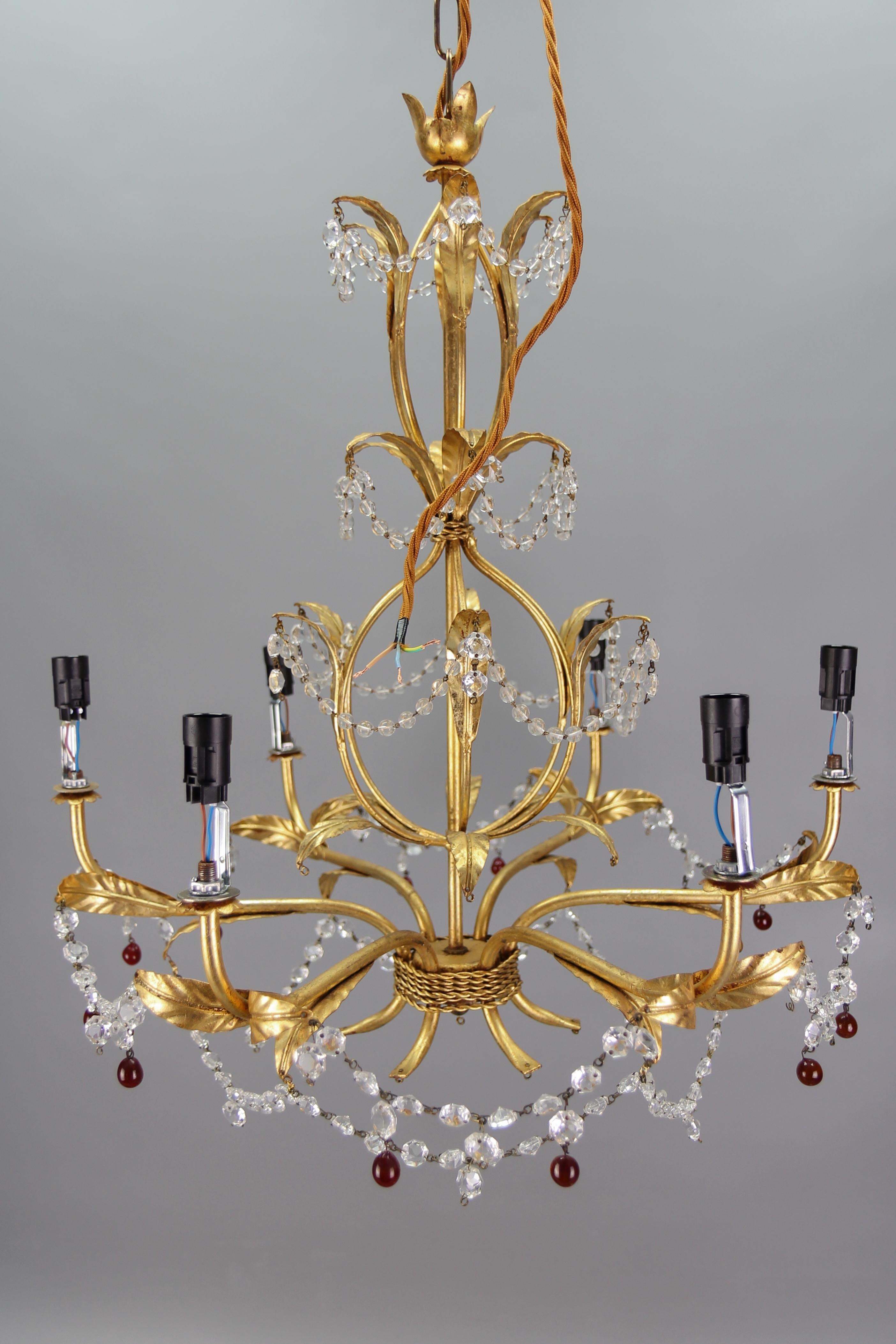 Italian Venetian Gilt Metal Six-Light Chandelier with Murano Glass Fruits For Sale 11