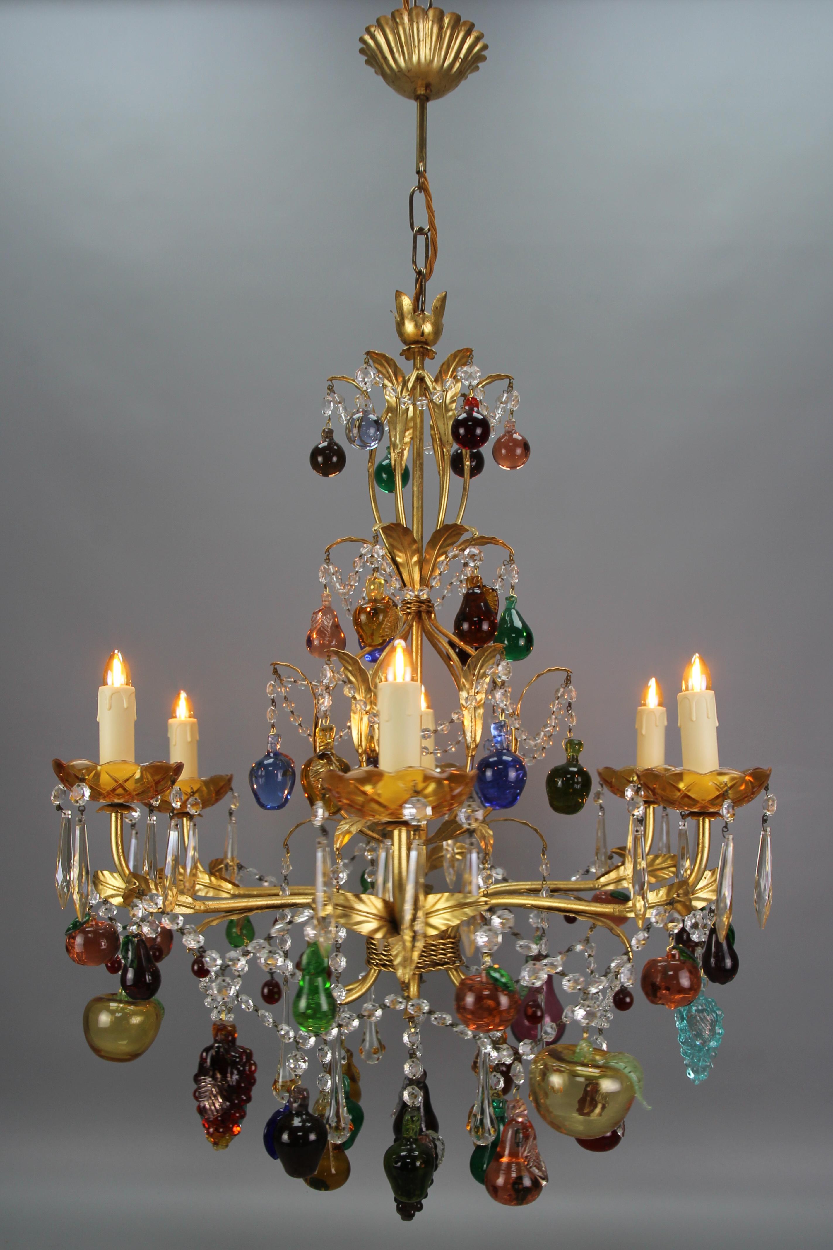 Italian Venetian Gilt Metal Six-Light Chandelier with Murano Glass Fruits For Sale 12