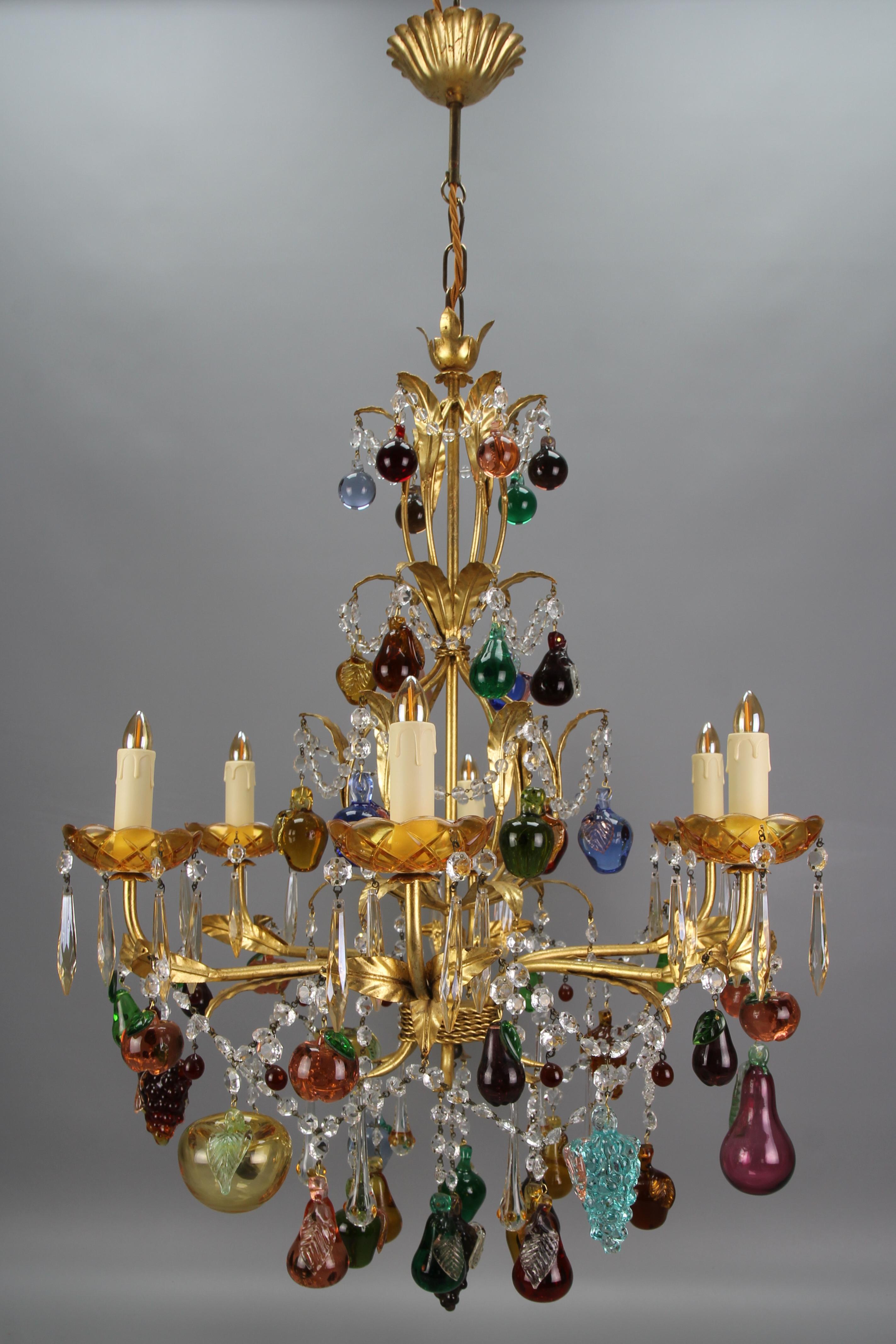 Hollywood Regency Italian Venetian Gilt Metal Six-Light Chandelier with Murano Glass Fruits