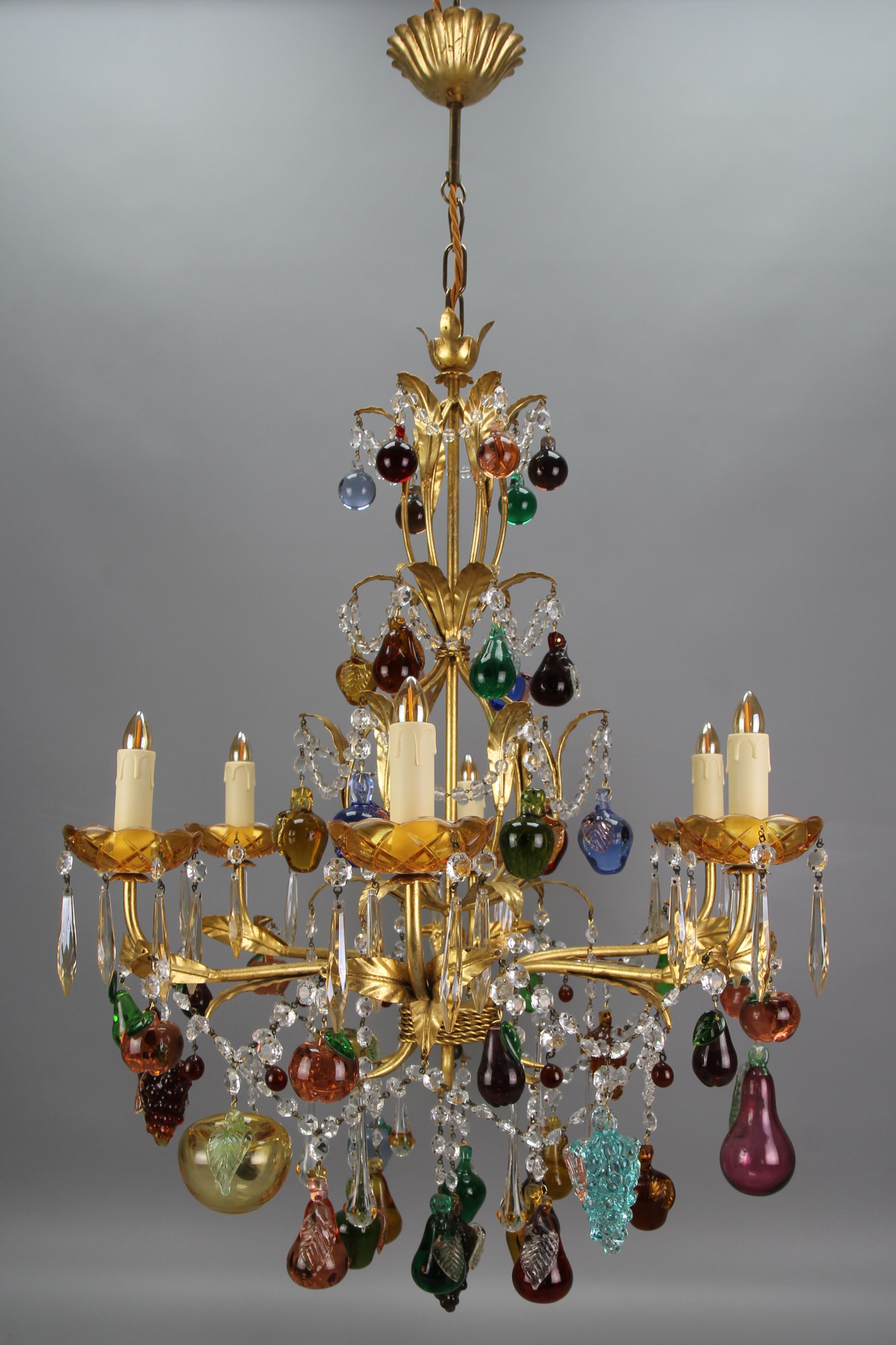 Hollywood Regency Italian Venetian Gilt Metal Six-Light Chandelier with Murano Glass Fruits For Sale