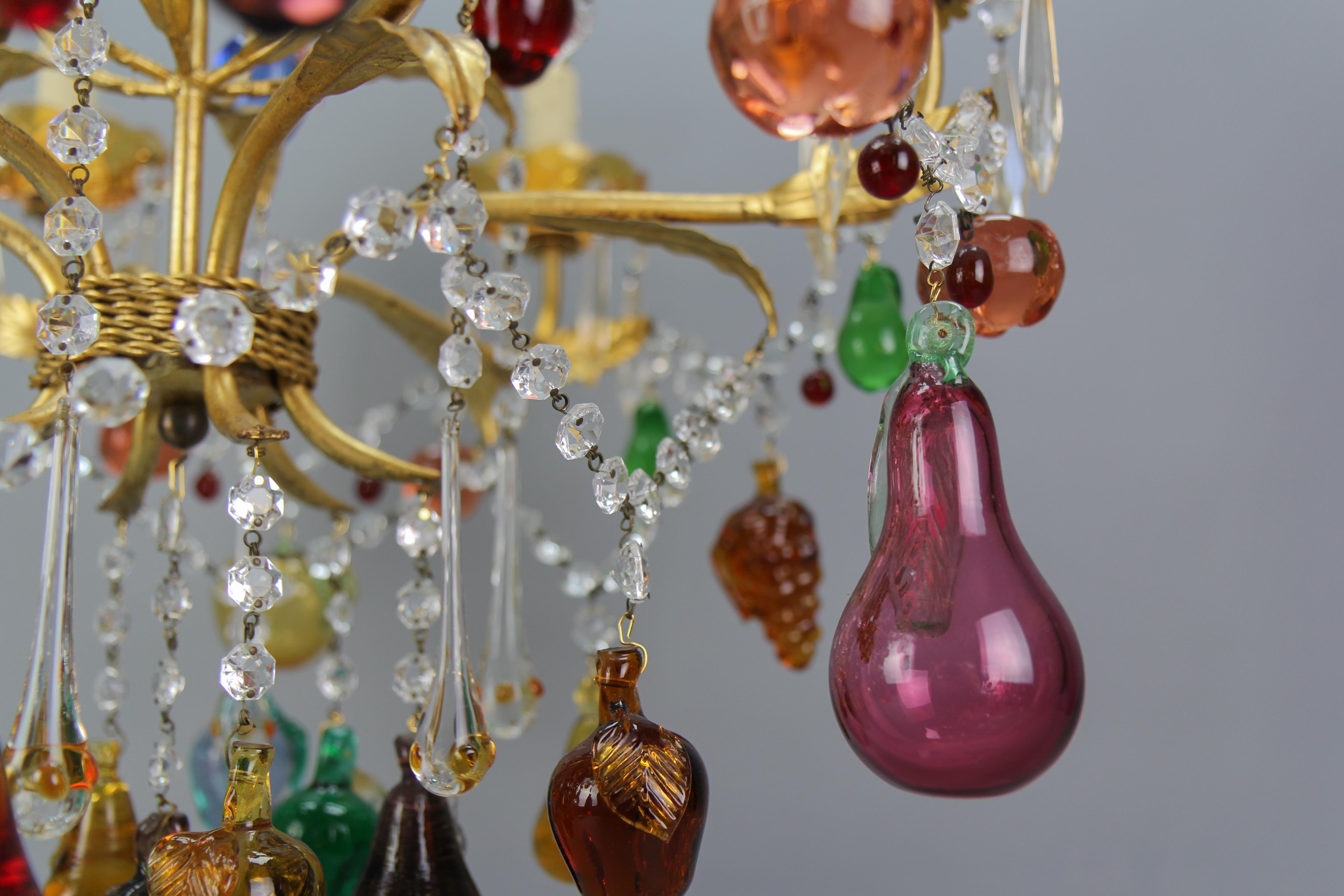 20th Century Italian Venetian Gilt Metal Six-Light Chandelier with Murano Glass Fruits For Sale