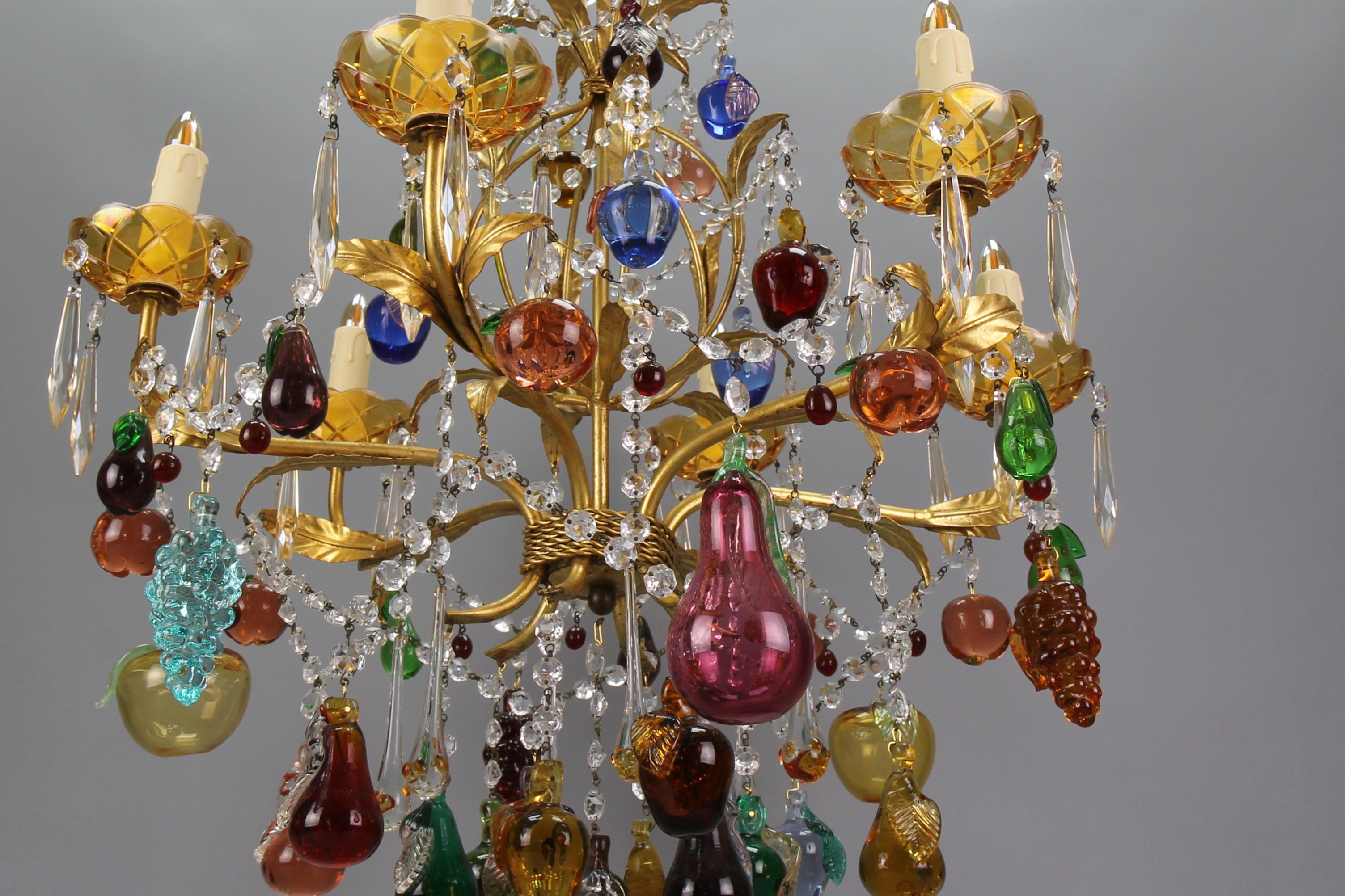 Italian Venetian Gilt Metal Six-Light Chandelier with Murano Glass Fruits For Sale 2